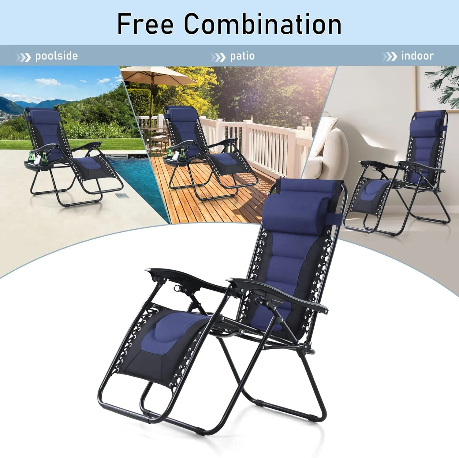 PHI VILLA Outdoor Patio Padded Zero Gravity Chair, Foldable Patio Recliner, 26" Wide Seat Anti Gravity Lounger with Cup Holder, Set of 2, Support 350 LBS (Navy Blue)