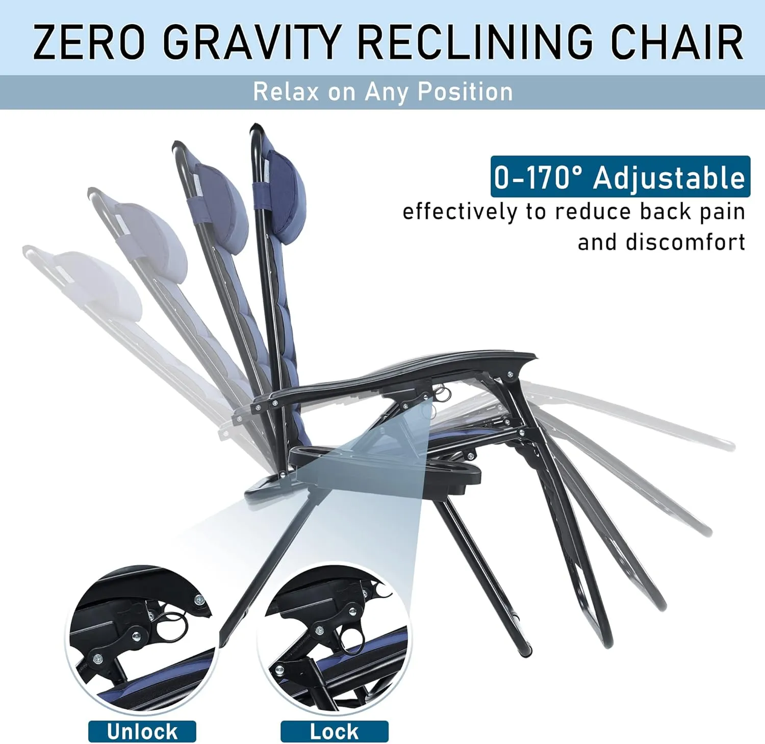 PHI VILLA Outdoor Patio Padded Zero Gravity Chair, Foldable Patio Recliner, 26" Wide Seat Anti Gravity Lounger with Cup Holder, Set of 2, Support 350 LBS (Navy Blue)
