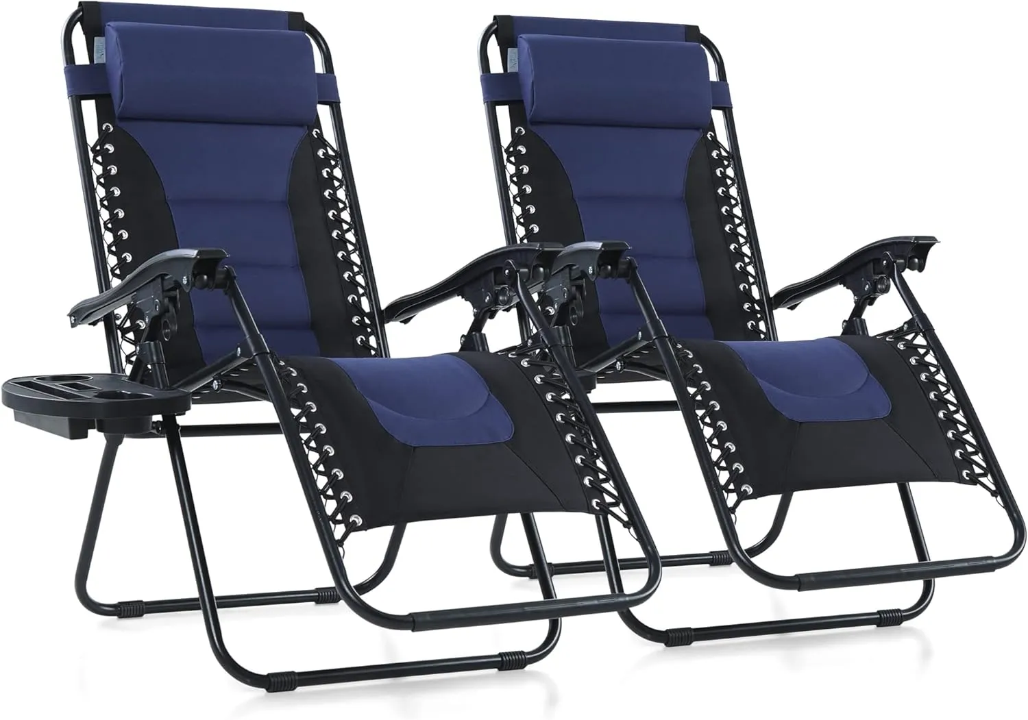 PHI VILLA Outdoor Patio Padded Zero Gravity Chair, Foldable Patio Recliner, 26" Wide Seat Anti Gravity Lounger with Cup Holder, Set of 2, Support 350 LBS (Navy Blue)