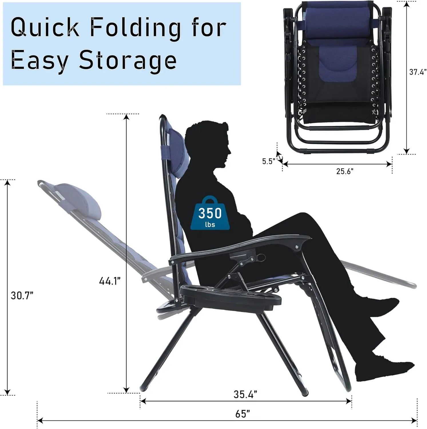 PHI VILLA Outdoor Patio Padded Zero Gravity Chair, Foldable Patio Recliner, 26" Wide Seat Anti Gravity Lounger with Cup Holder, Set of 2, Support 350 LBS (Navy Blue)