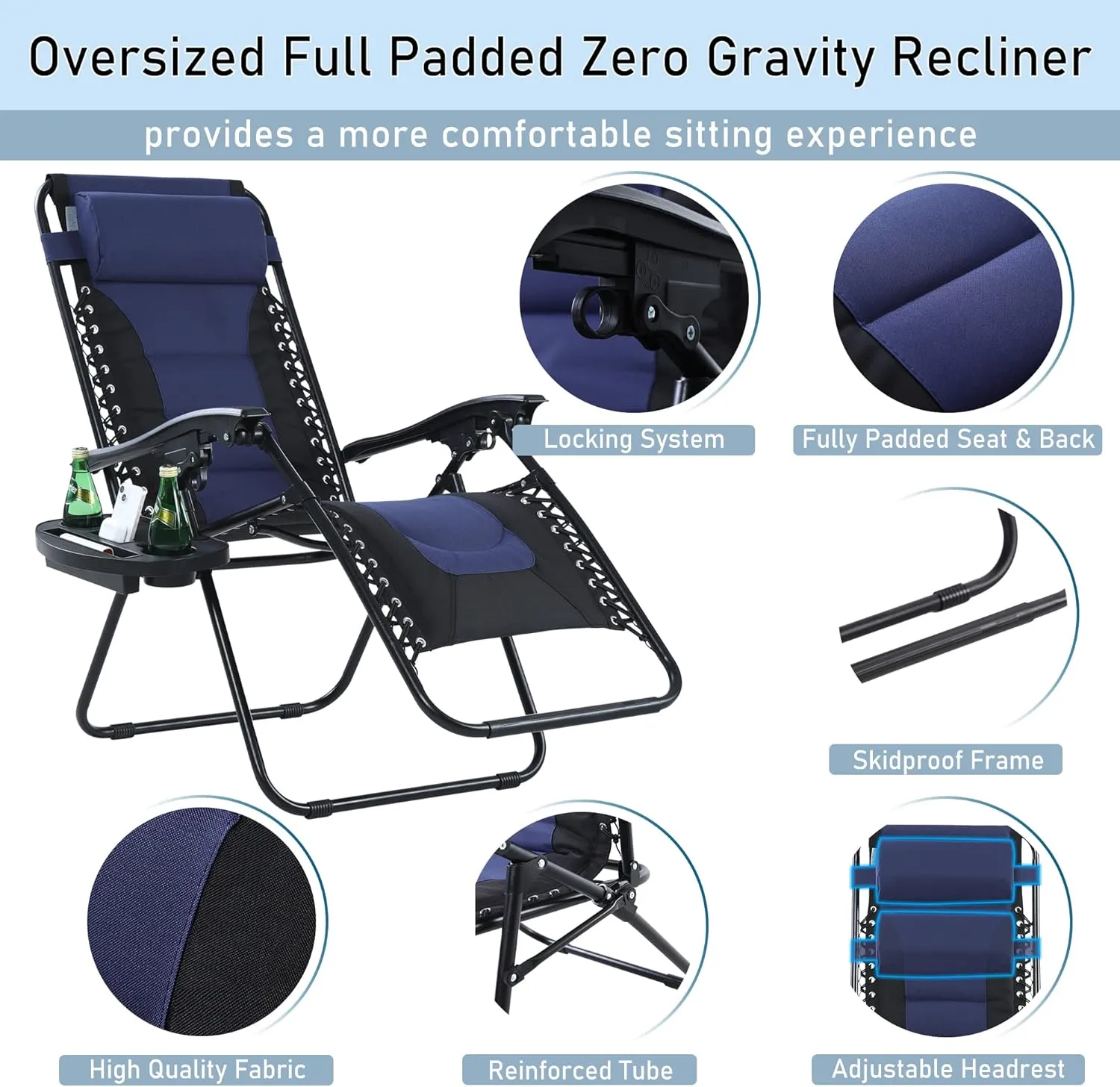 PHI VILLA Outdoor Patio Padded Zero Gravity Chair, Foldable Patio Recliner, 26" Wide Seat Anti Gravity Lounger with Cup Holder, Set of 2, Support 350 LBS (Navy Blue)