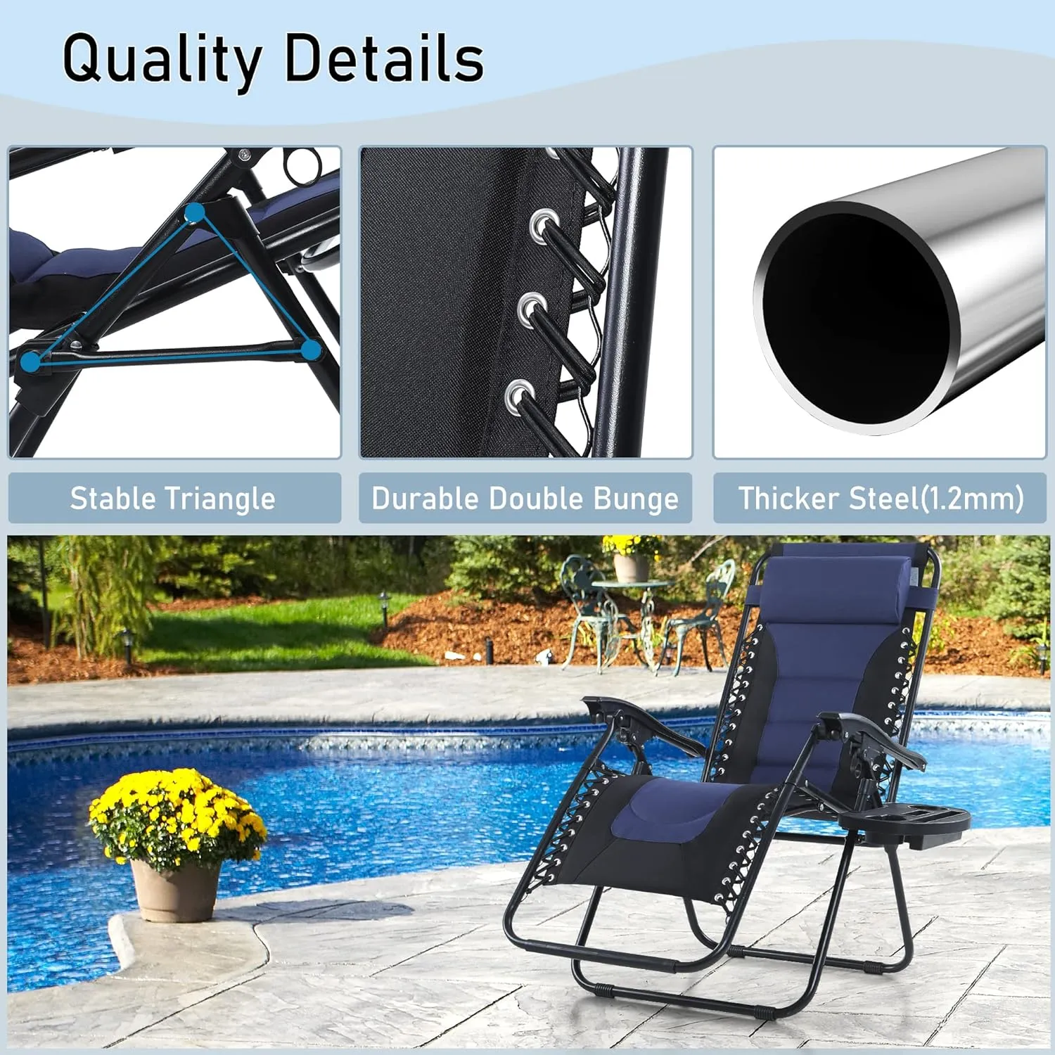 PHI VILLA Outdoor Patio Padded Zero Gravity Chair, Foldable Patio Recliner, 26" Wide Seat Anti Gravity Lounger with Cup Holder, Set of 2, Support 350 LBS (Navy Blue)