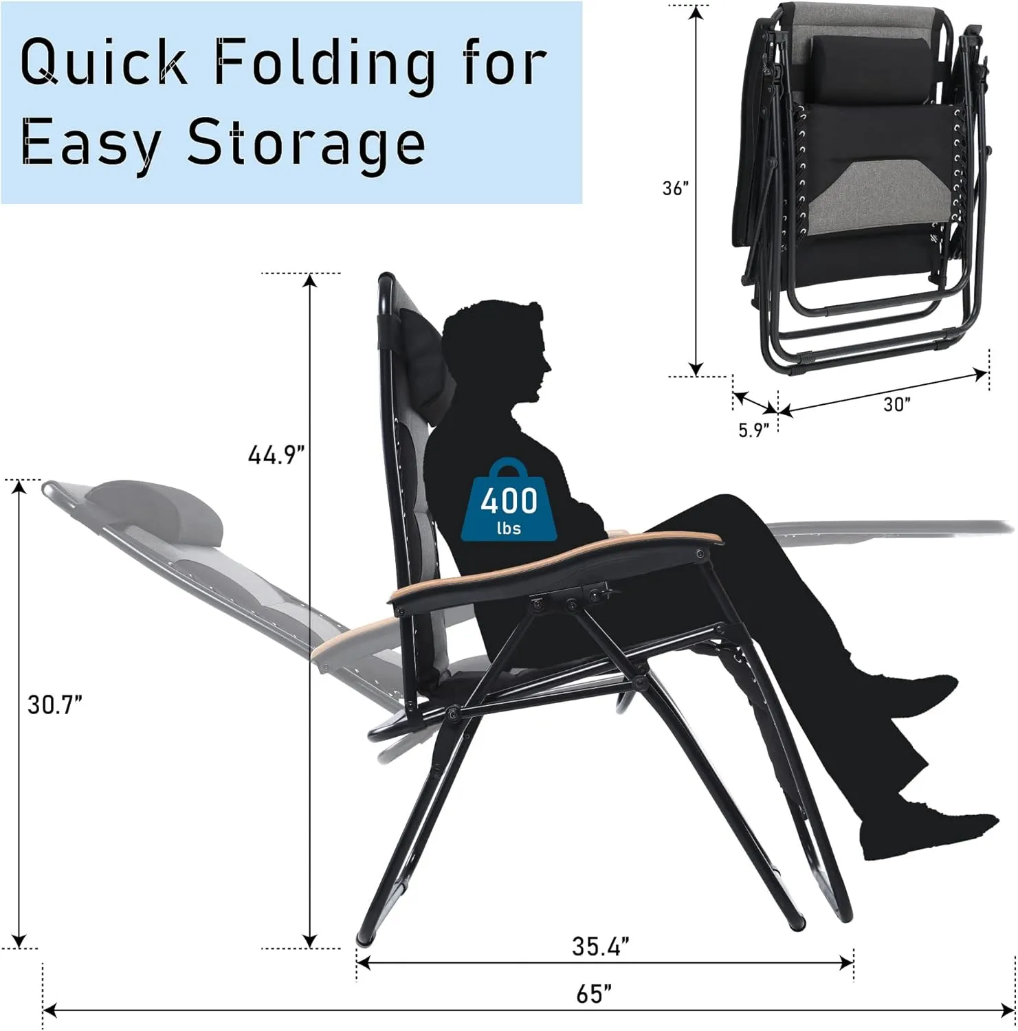 PHI VILLA XXL Oversized Padded Zero Gravity Chair, Foldable Patio Recliner, 30" Wide Seat Anti Gravity Lounger with Cup Holder, Support 400 LBS (Black)