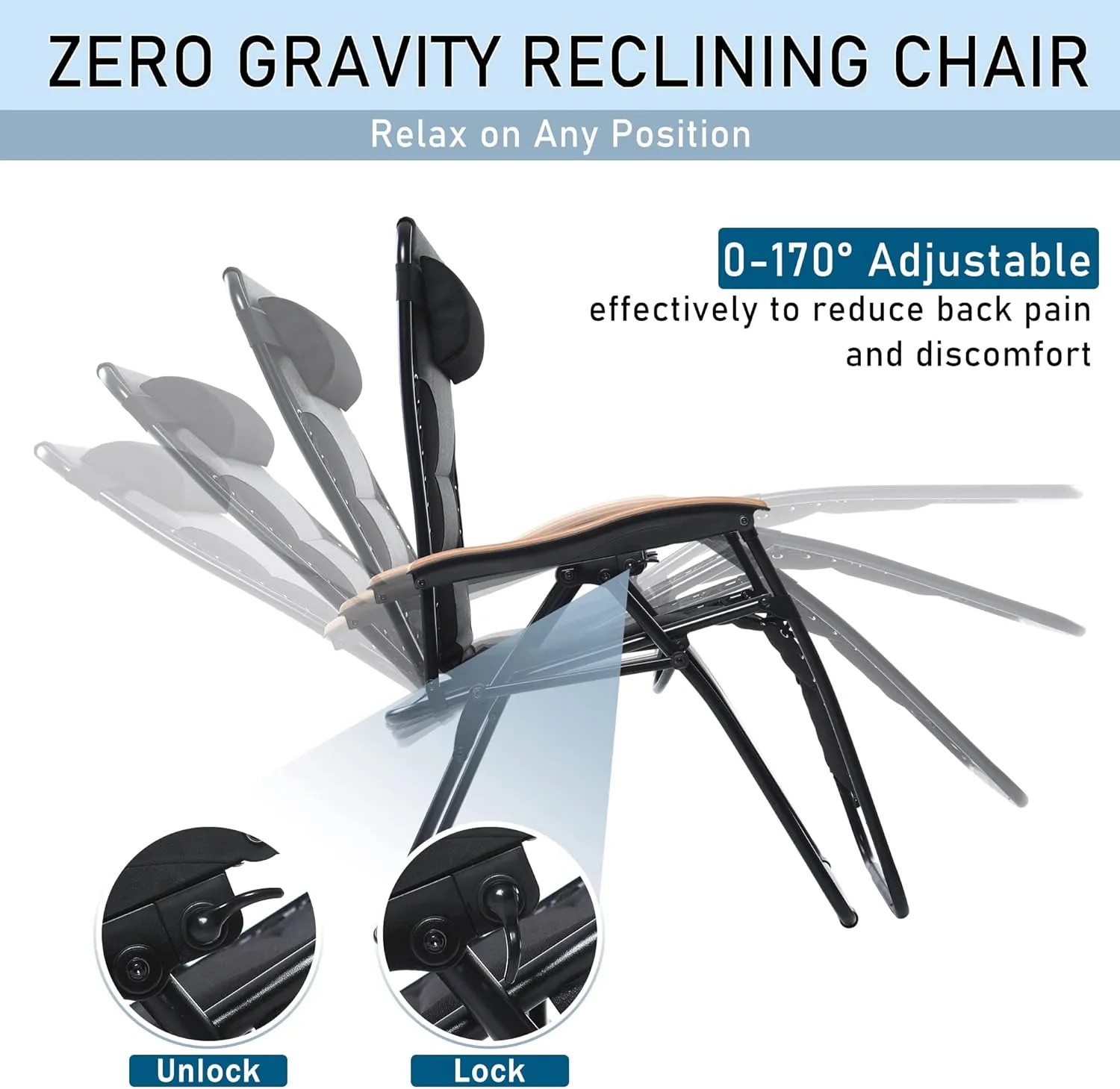 PHI VILLA XXL Oversized Padded Zero Gravity Chair, Foldable Patio Recliner, 30" Wide Seat Anti Gravity Lounger with Cup Holder, Support 400 LBS (Black)
