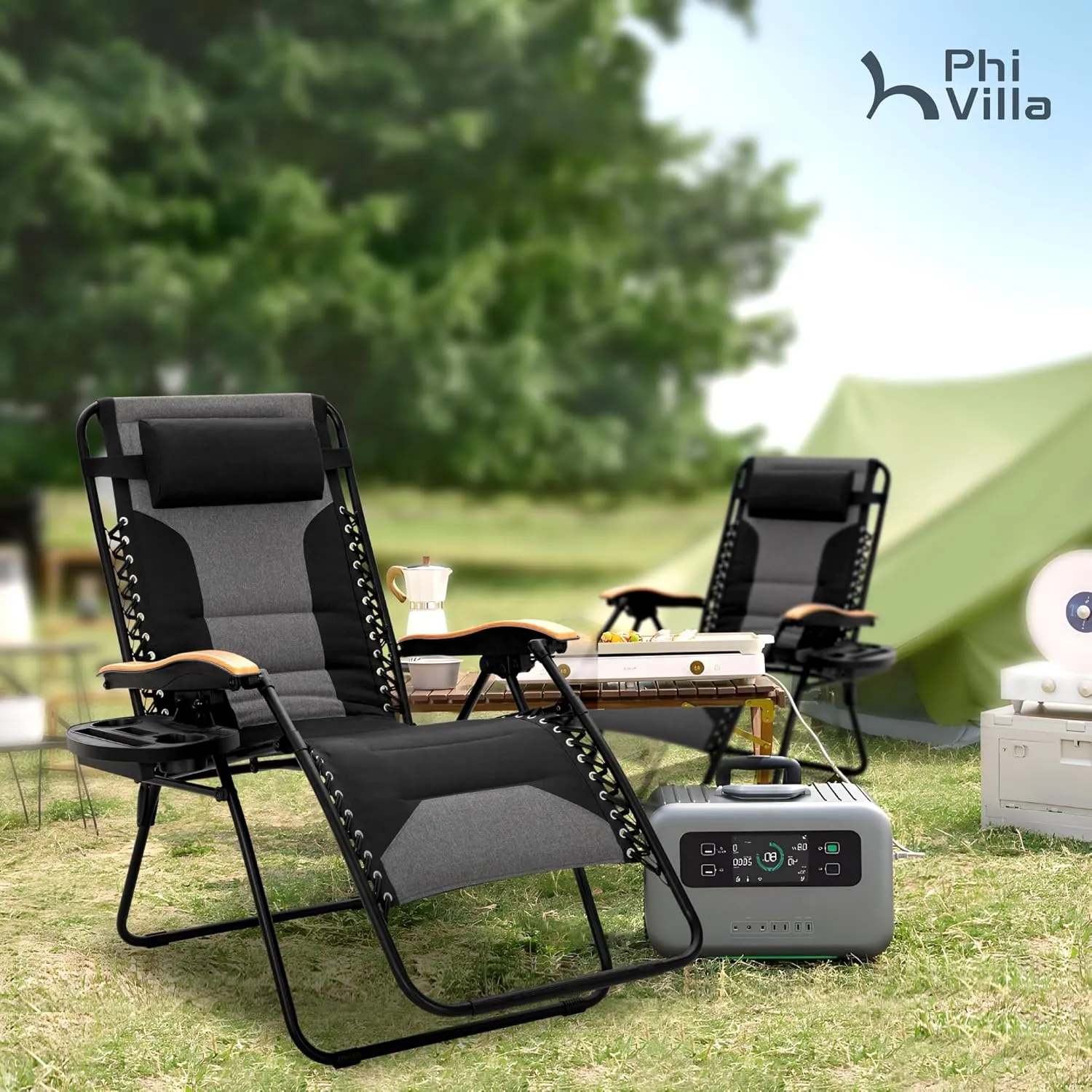 PHI VILLA XXL Oversized Padded Zero Gravity Chair, Foldable Patio Recliner, 30" Wide Seat Anti Gravity Lounger with Cup Holder, Support 400 LBS (Black)