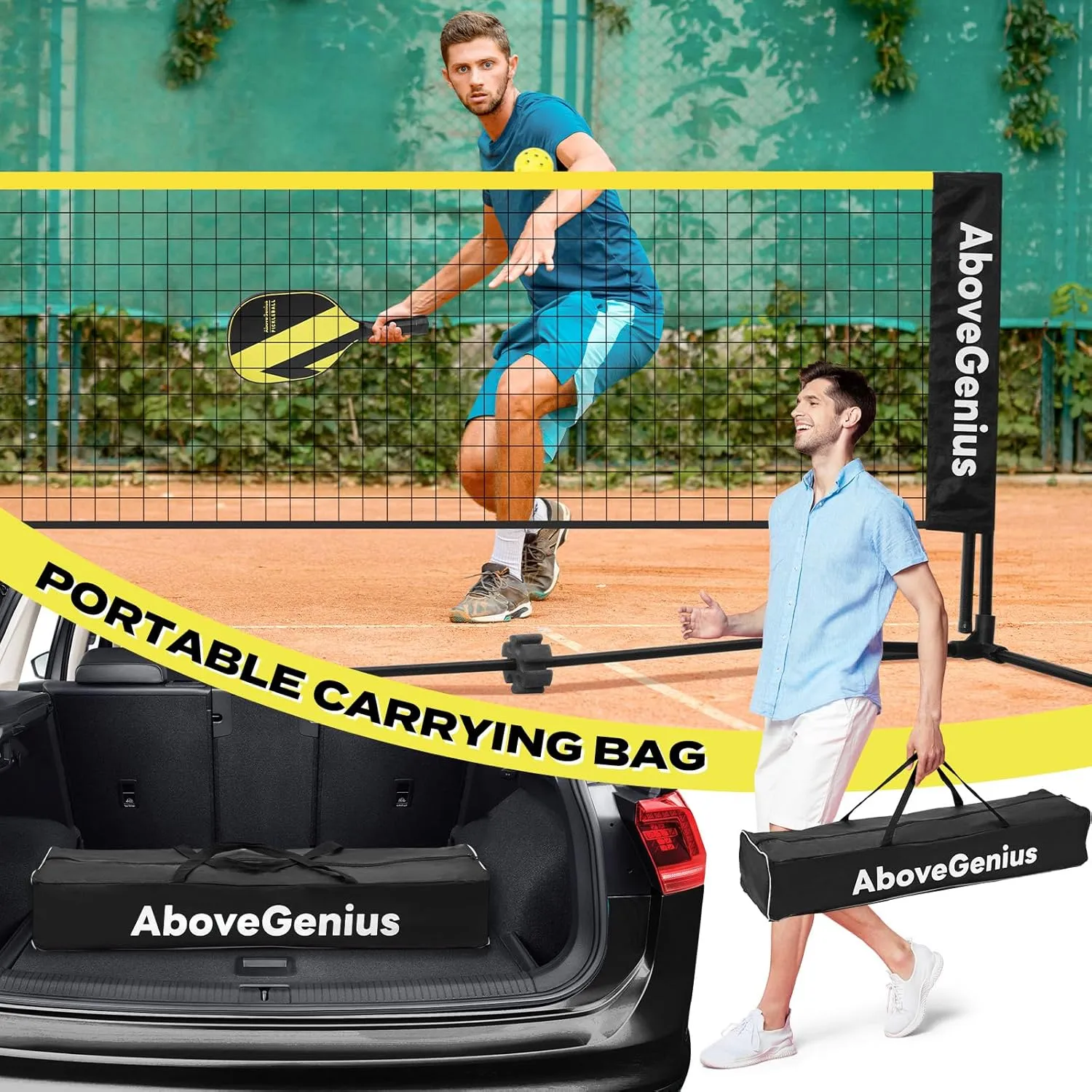 Pickleball Set with Net, Pickleball Paddles Set of 4, Portable Net for Driveway, Lightweight Rackets, 4 Outdoor Balls, 1 Storage Bag