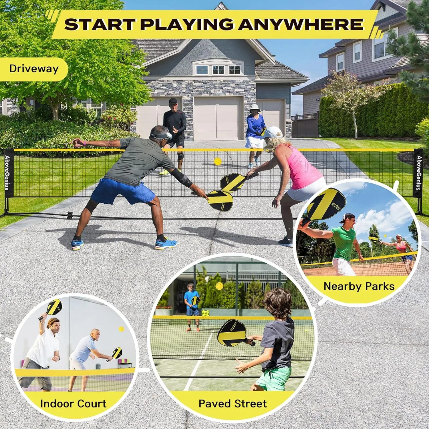 Pickleball Set with Net, Pickleball Paddles Set of 4, Portable Net for Driveway, Lightweight Rackets, 4 Outdoor Balls, 1 Storage Bag