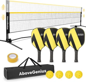 Pickleball Set with Net, Pickleball Paddles Set of 4, Portable Net for Driveway, Lightweight Rackets, 4 Outdoor Balls, 1 Storage Bag