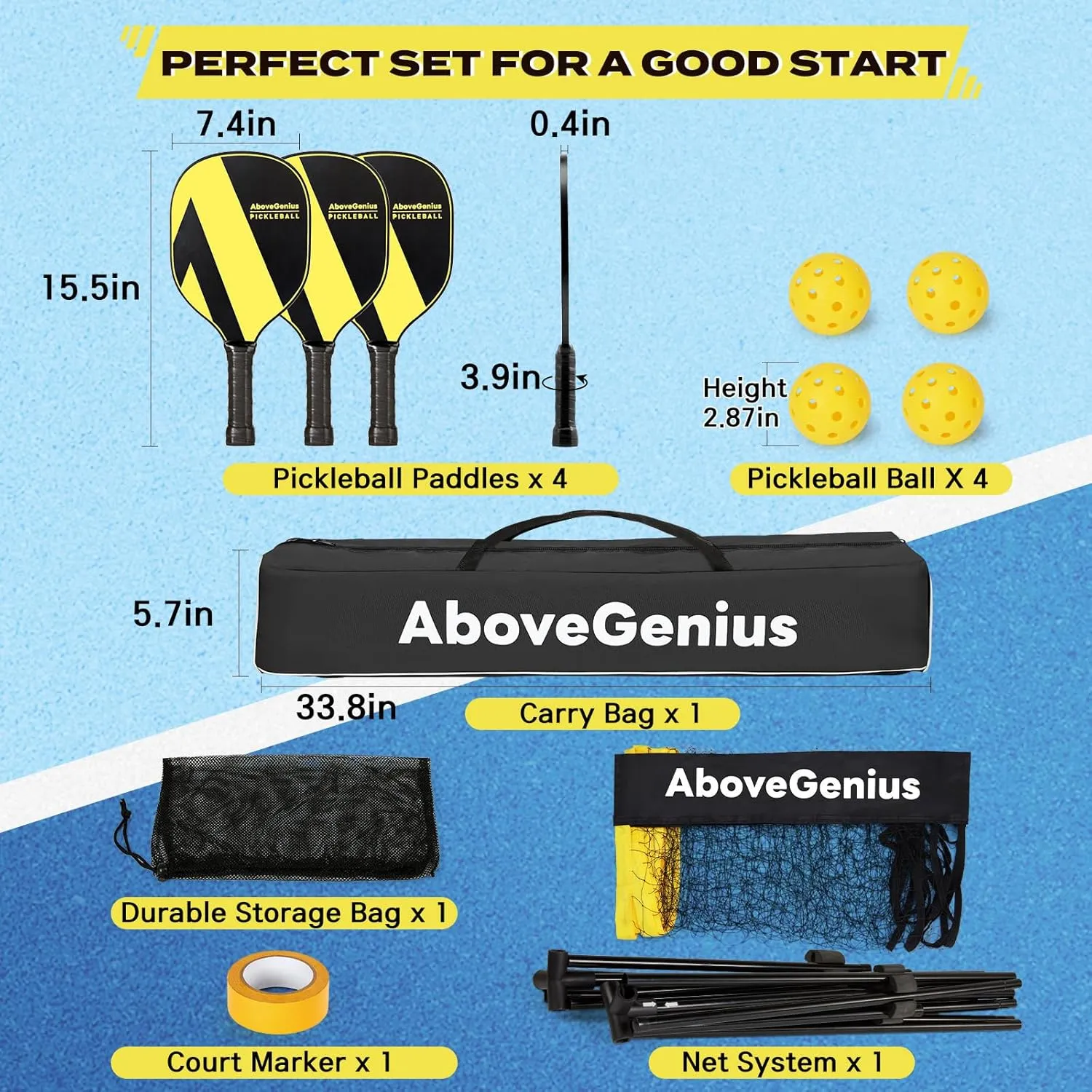Pickleball Set with Net, Pickleball Paddles Set of 4, Portable Net for Driveway, Lightweight Rackets, 4 Outdoor Balls, 1 Storage Bag