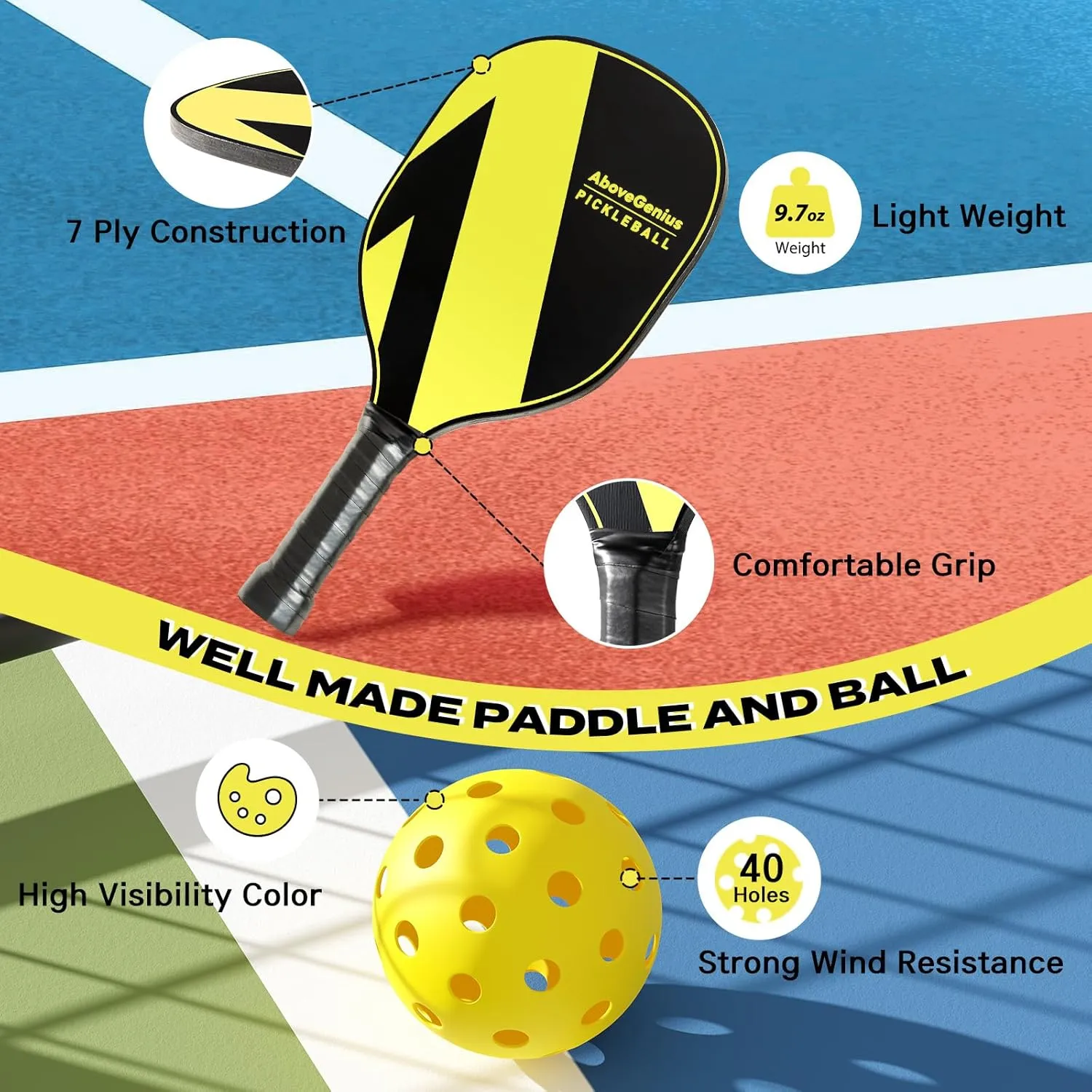 Pickleball Set with Net, Pickleball Paddles Set of 4, Portable Net for Driveway, Lightweight Rackets, 4 Outdoor Balls, 1 Storage Bag