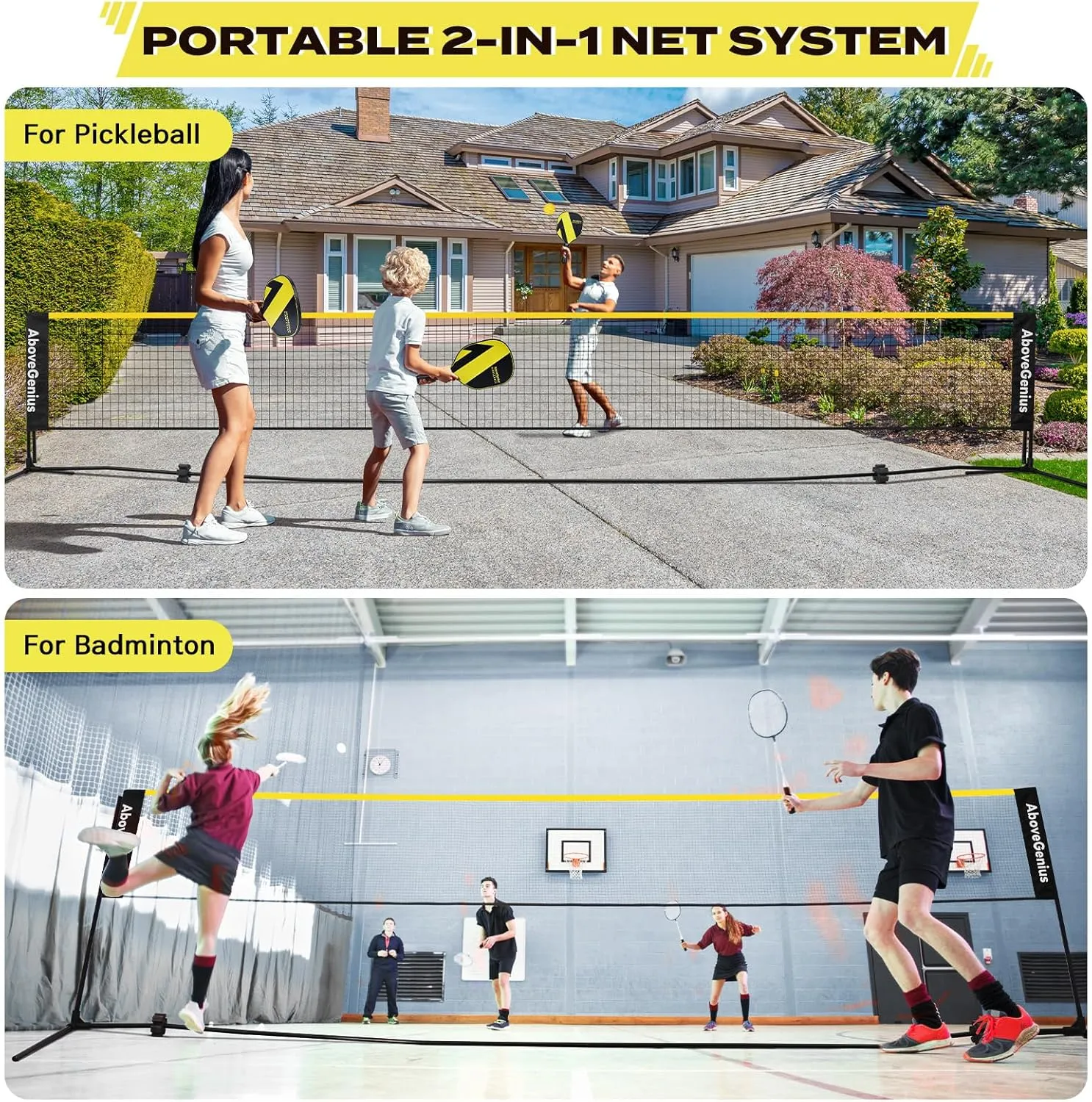 Pickleball Set with Net, Pickleball Paddles Set of 4, Portable Net for Driveway, Lightweight Rackets, 4 Outdoor Balls, 1 Storage Bag