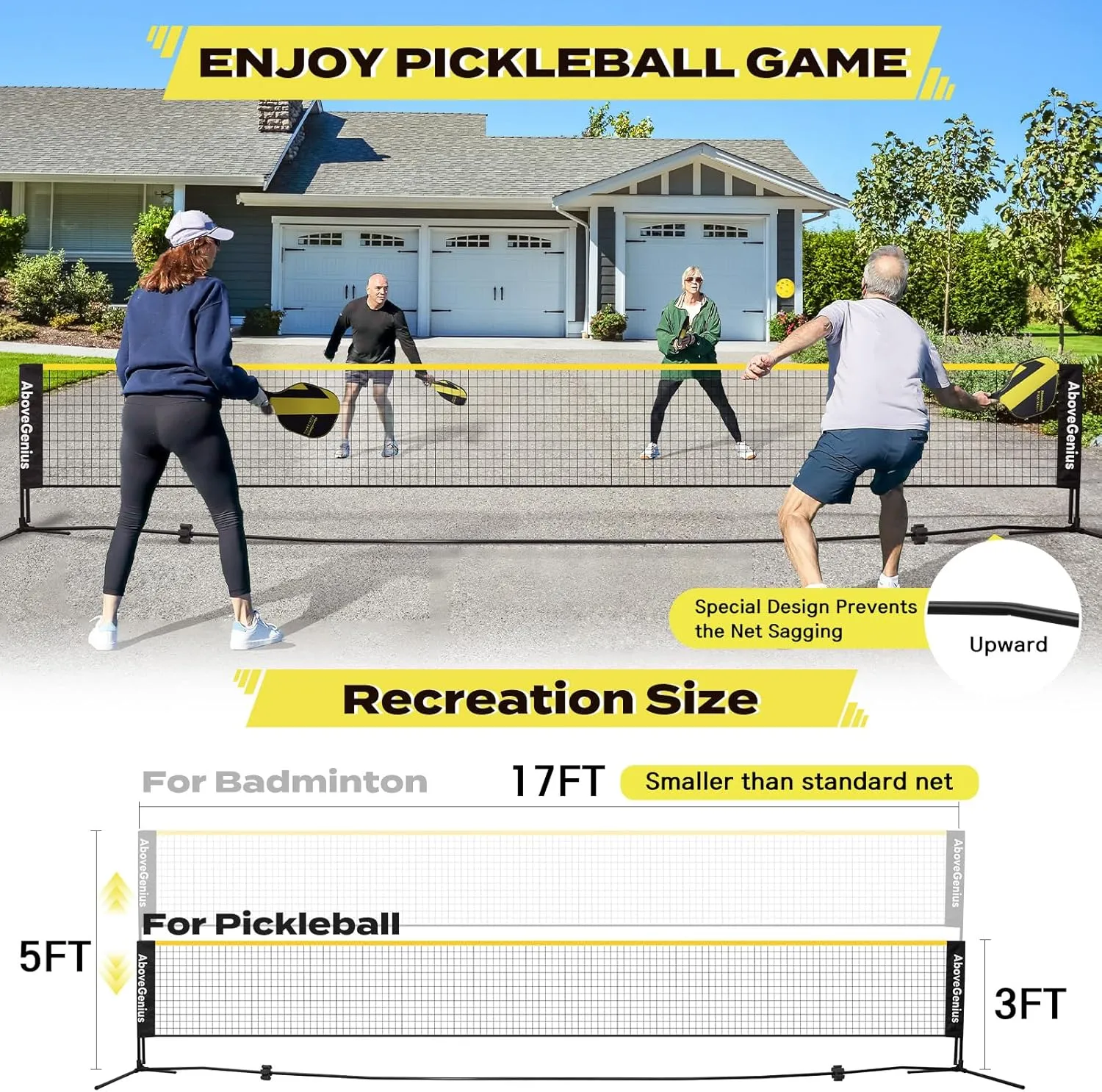 Pickleball Set with Net, Pickleball Paddles Set of 4, Portable Net for Driveway, Lightweight Rackets, 4 Outdoor Balls, 1 Storage Bag