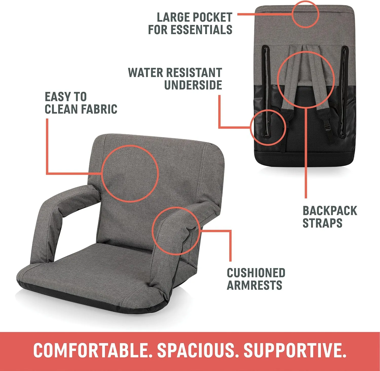 PICNIC TIME ONIVA - a Brand Ventura Reclining Stadium Seat with Back Support - Bleacher Seat - Beach Floor Chair, (Black)
