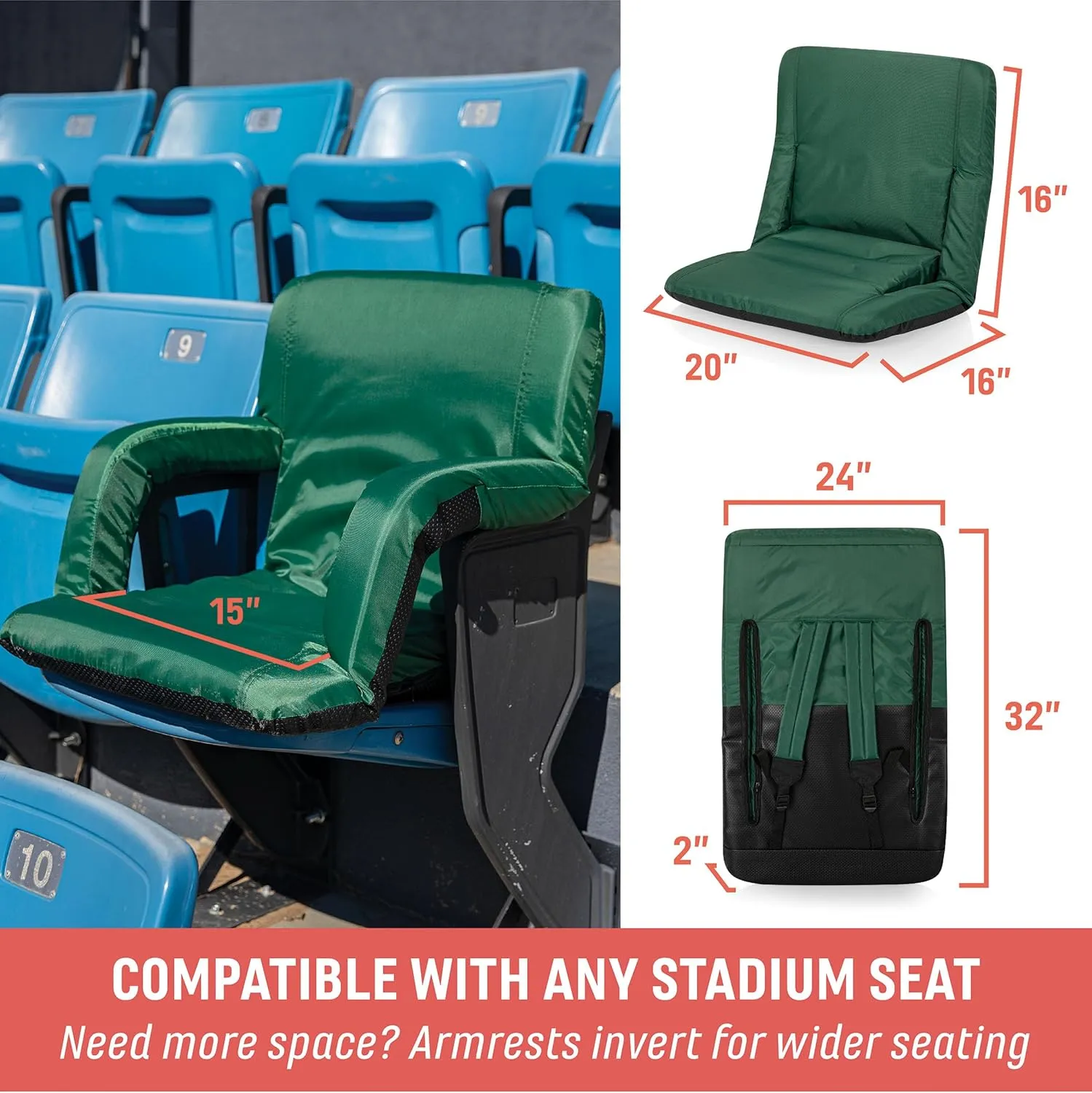 PICNIC TIME ONIVA - a Brand Ventura Reclining Stadium Seat with Back Support - Bleacher Seat - Beach Floor Chair, (Black)