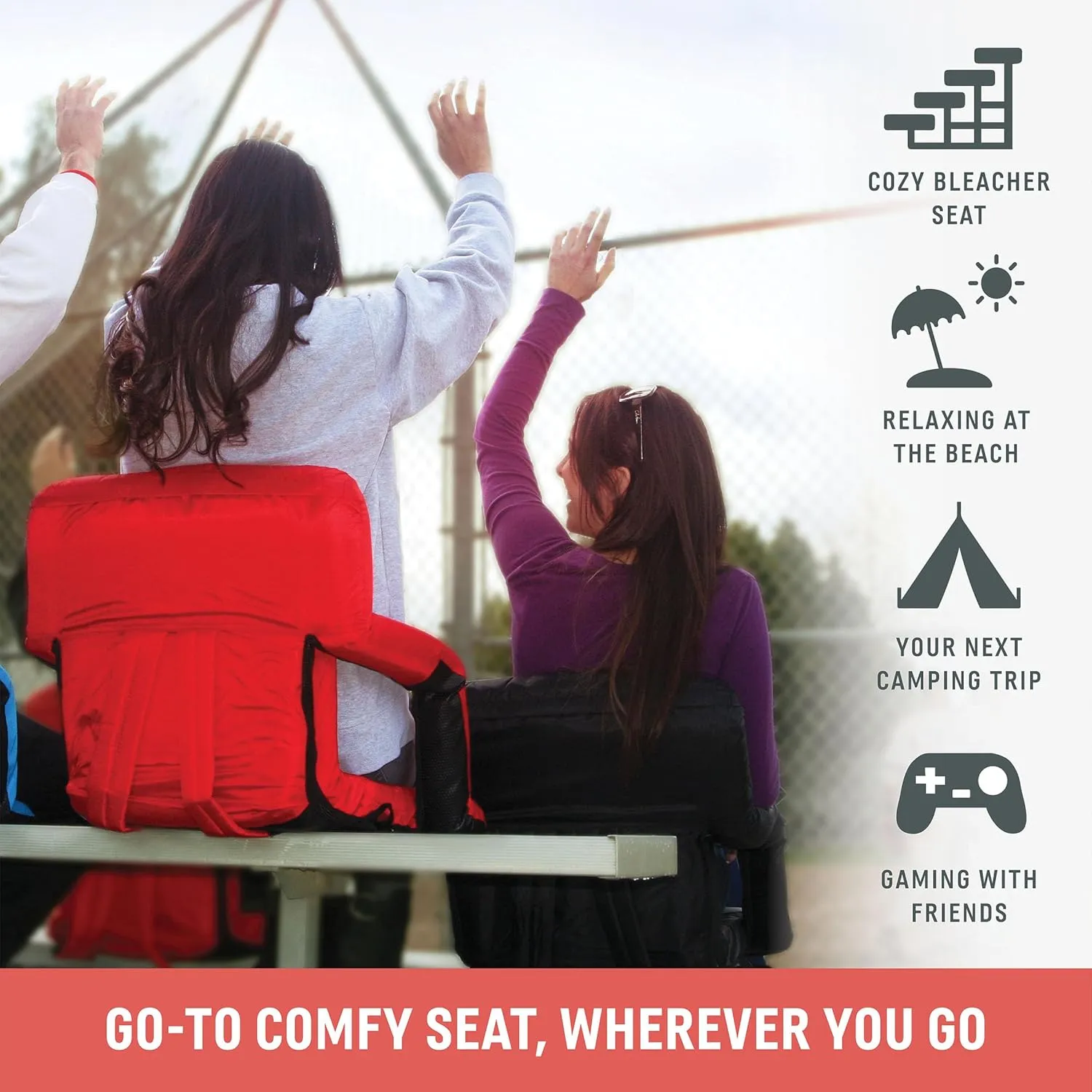 PICNIC TIME ONIVA - a Brand Ventura Reclining Stadium Seat with Back Support - Bleacher Seat - Beach Floor Chair, (Black)