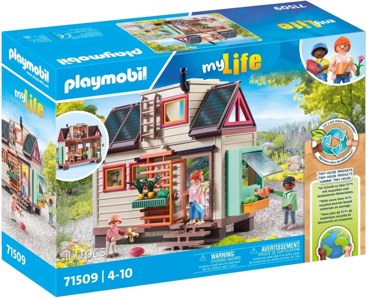 Playmobil Tiny House Pretend Play Toy Playset - 160 Piece Bundle Made with Recycled Material - Includes 3 Mini Figures, Furniture, Kitchen, Attic, Solar Panel Roof & Customizable Decor for Kids