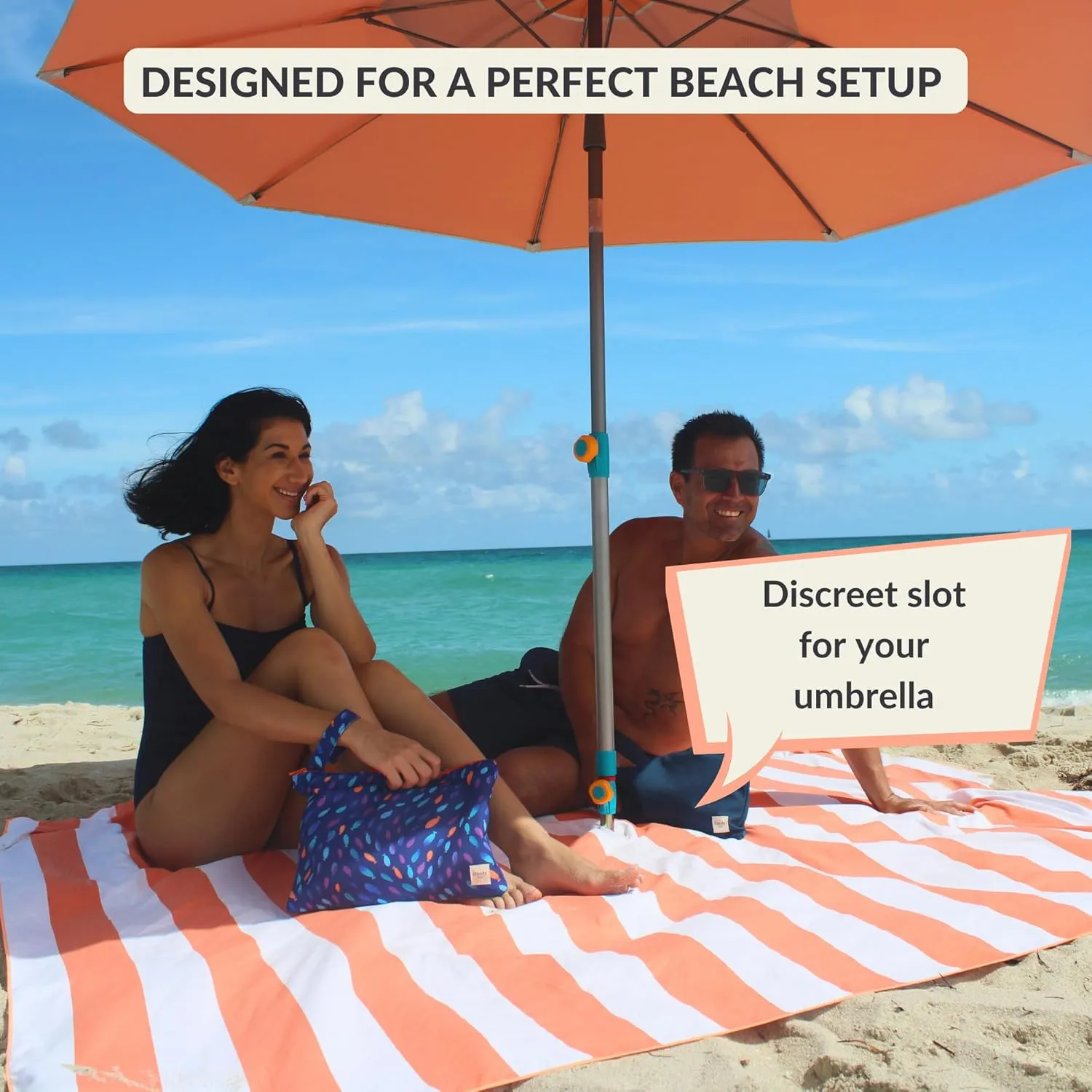 Plush Microfiber Beach Blanket, Extra Large Beach Mat for 3-6 Persons, Sandproof, Windproof | Hole for Umbrella, Corner Sand Pockets to Fight Wind (Bag for Blanket Included)