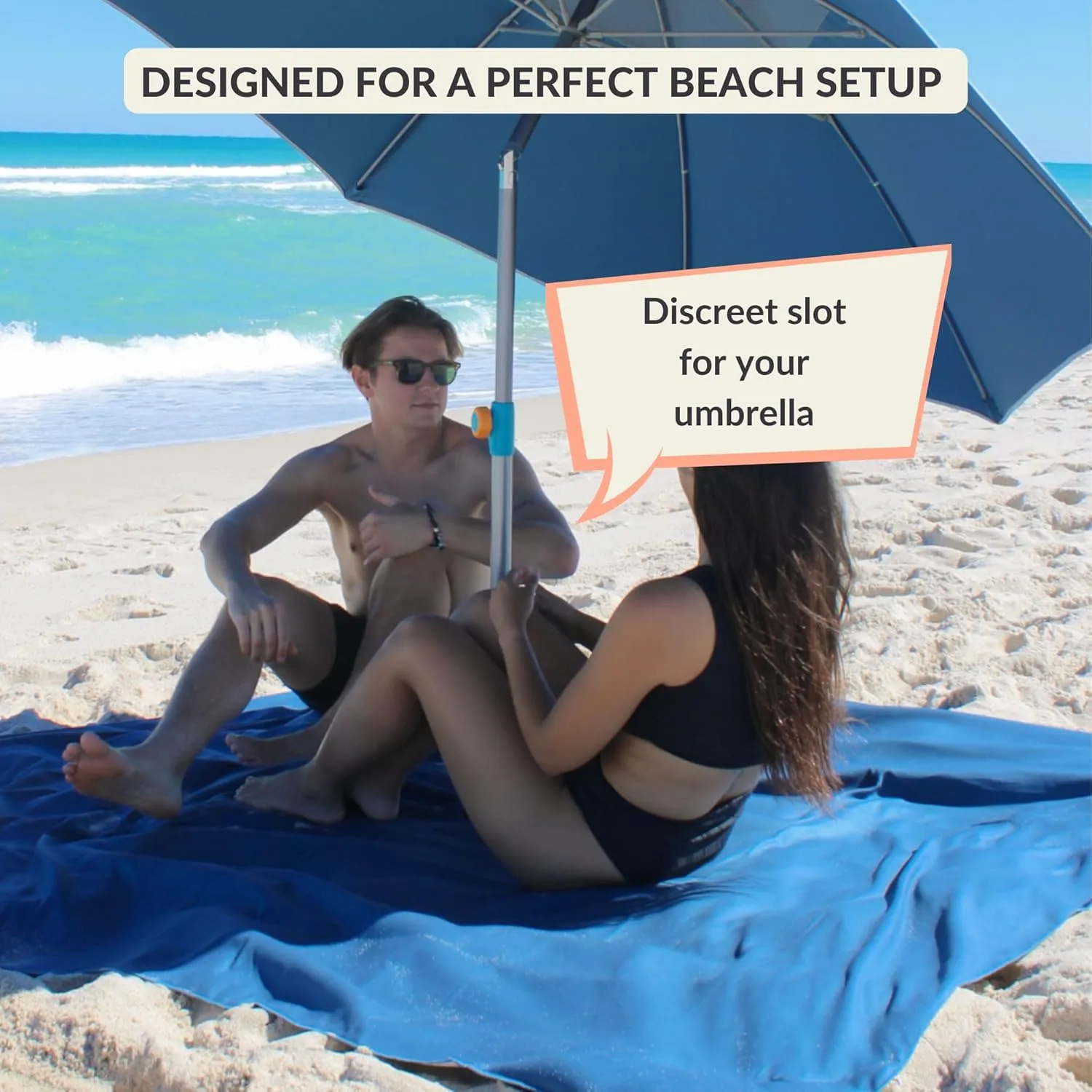 Plush Microfiber Beach Blanket, Large Beach Mat for 1-4 Persons, Sandproof, Windproof | Hole for Umbrella, Corner Sand Pockets to Fight Wind (Bag for Blanket Included)