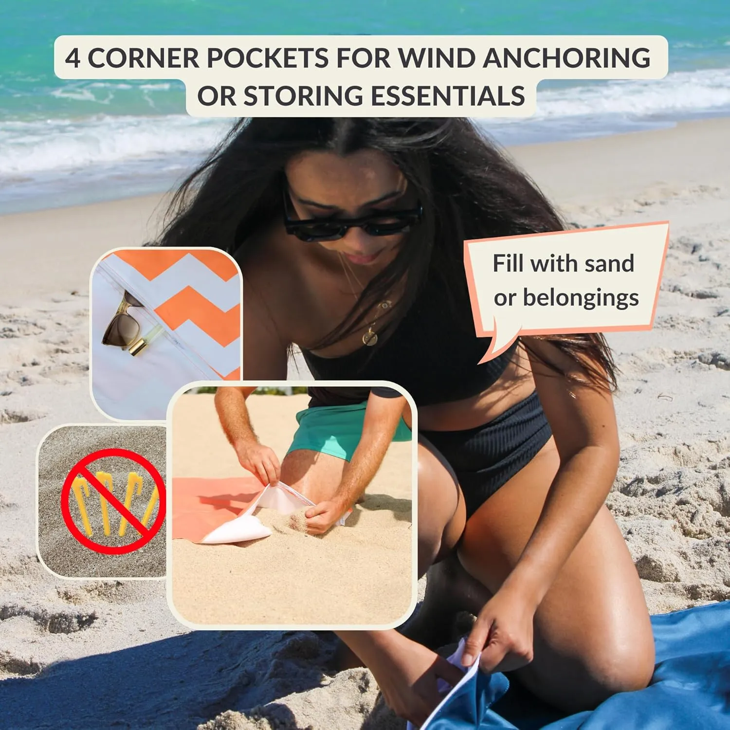 Plush Microfiber Beach Blanket, Large Beach Mat for 1-4 Persons, Sandproof, Windproof | Hole for Umbrella, Corner Sand Pockets to Fight Wind (Bag for Blanket Included)