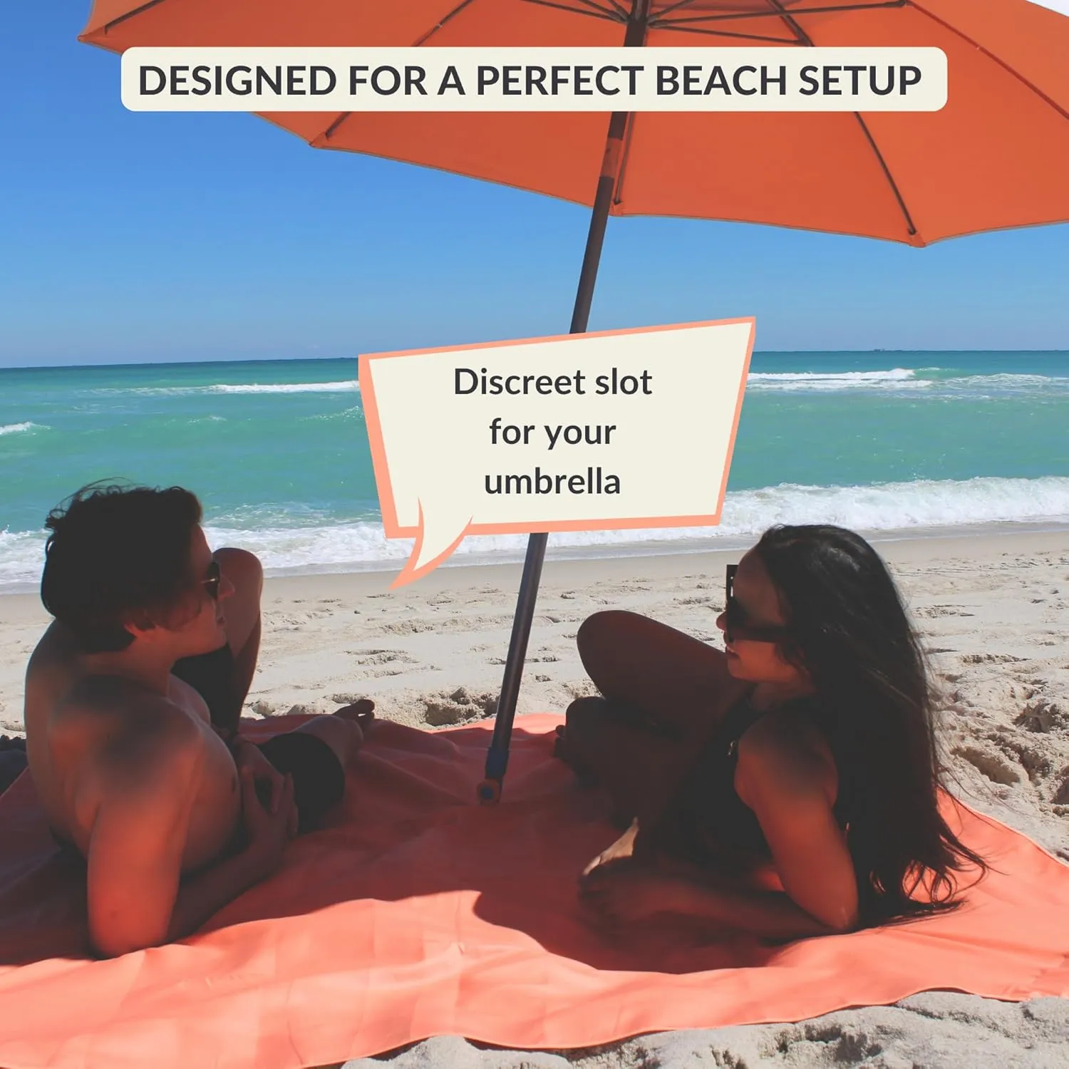 Plush Microfiber Beach Blanket, Large Beach Mat for 1-4 Persons, Sandproof, Windproof | Hole for Umbrella, Corner Sand Pockets to Fight Wind (Bag for Blanket Included)