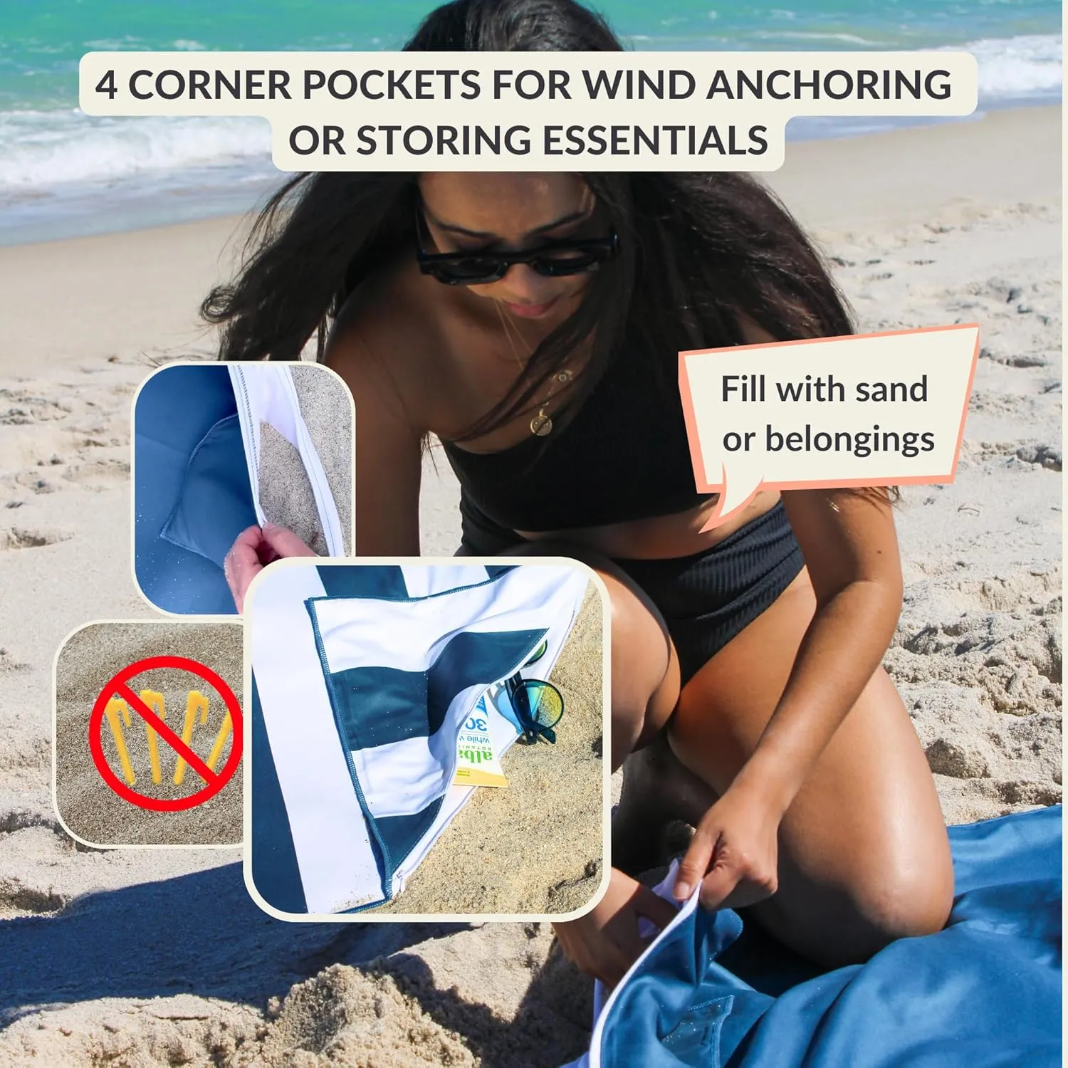 Plush Microfiber Beach Blanket, Large Beach Mat for 1-4 Persons, Sandproof, Windproof | Hole for Umbrella, Corner Sand Pockets to Fight Wind (Bag for Blanket Included)