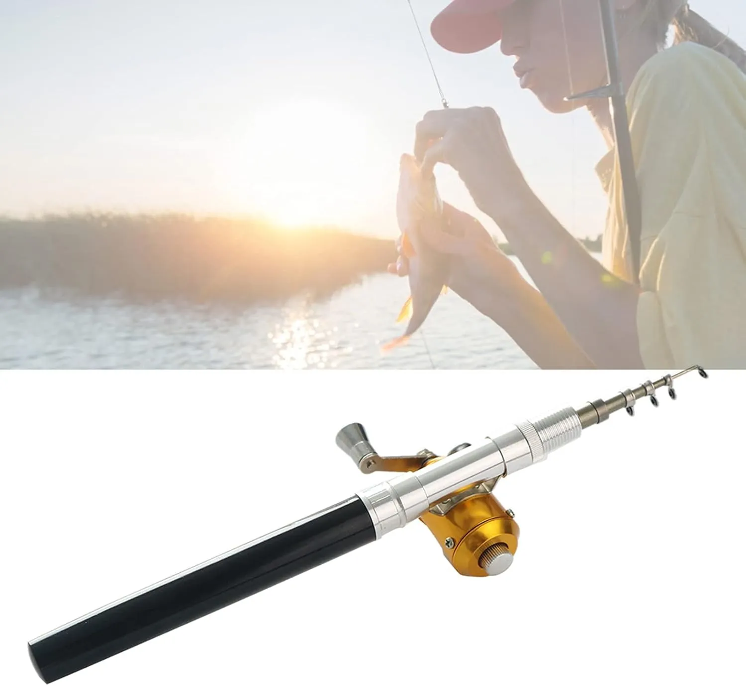 Pocket Size Fishing Rod, Mini Fishing Pole Pocket Pen Rod Set Portable Telescopic Pocket Pen Shape Fishing Rod Pole and Fishing Reel Combo Set for River Lake Reservoir Ice Fishing (Black)