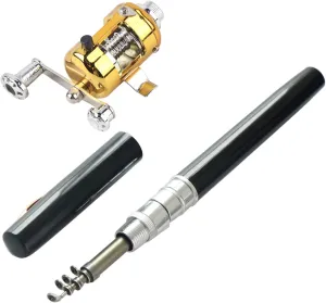 Pocket Size Fishing Rod, Mini Fishing Pole Pocket Pen Rod Set Portable Telescopic Pocket Pen Shape Fishing Rod Pole and Fishing Reel Combo Set for River Lake Reservoir Ice Fishing (Black)
