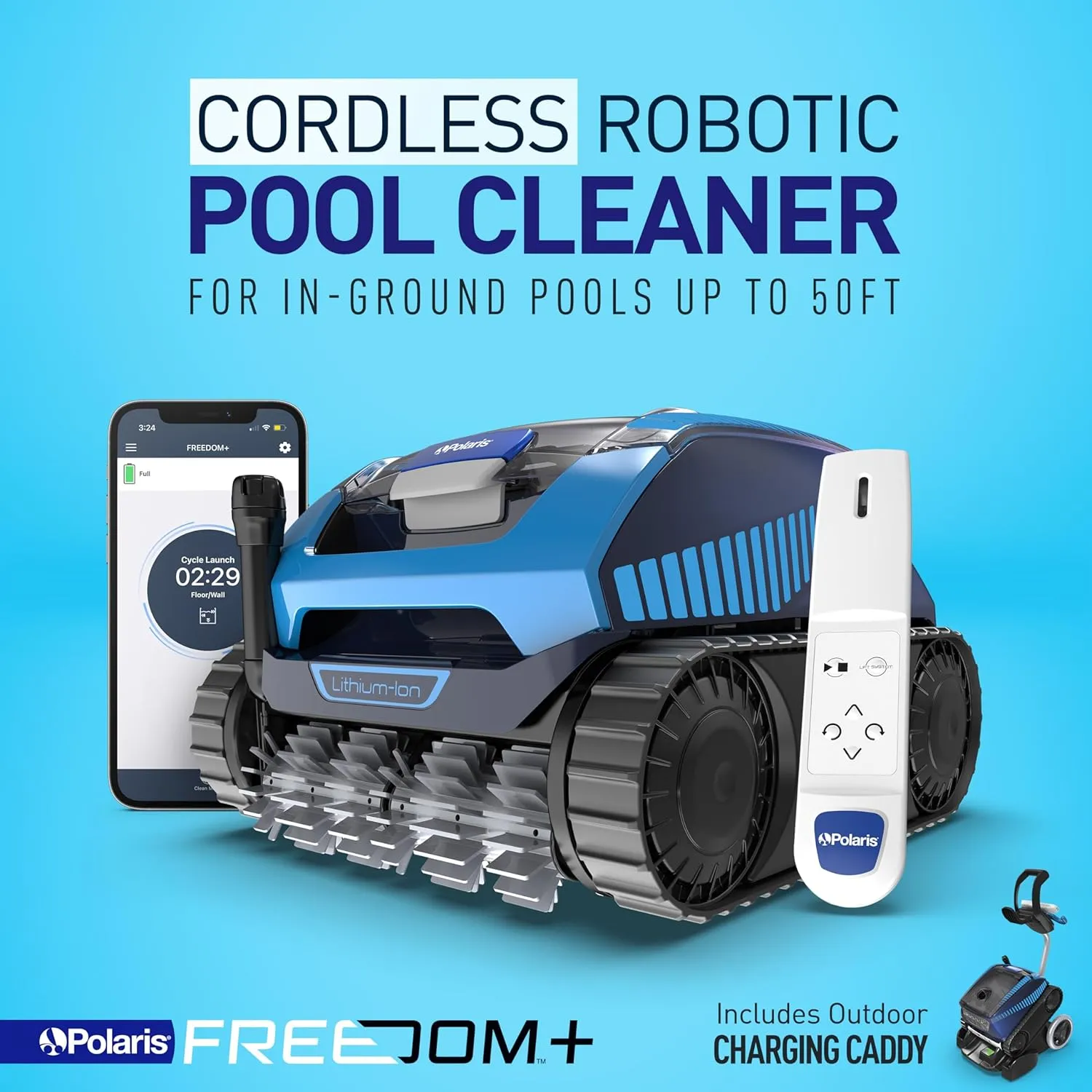 Polaris Freedom Plus Cordless Robotic Pool Cleaner for In-Ground Pools up to 50 ft, Outdoor Charging Caddy Included, Remote Control Included