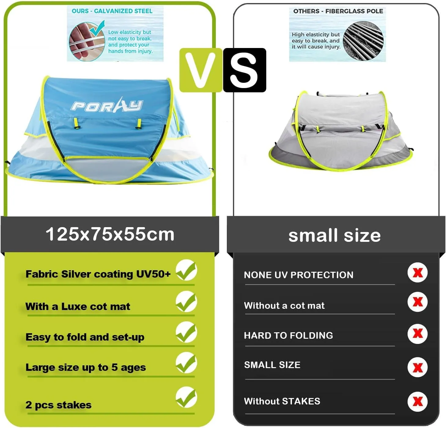 Poray Portable Baby Beach Tent with UPF 50  Sun Shelter,Mosquito Net and Sunshade, Ideal Pop Up Kids Travel Tent with Carry Bag & 2 Stakes,Outdoor Indoor Play and Sun Protection