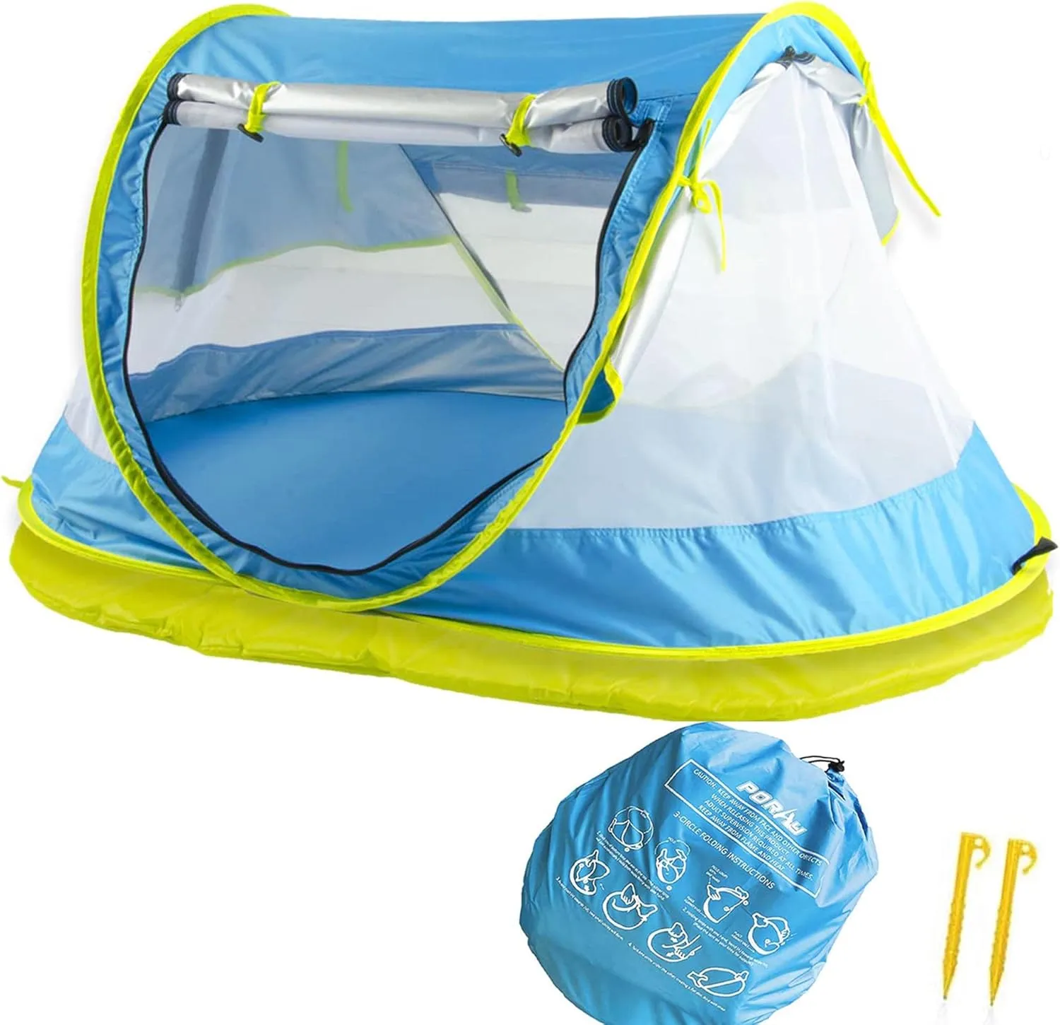 Poray Portable Baby Beach Tent with UPF 50  Sun Shelter,Mosquito Net and Sunshade, Ideal Pop Up Kids Travel Tent with Carry Bag & 2 Stakes,Outdoor Indoor Play and Sun Protection
