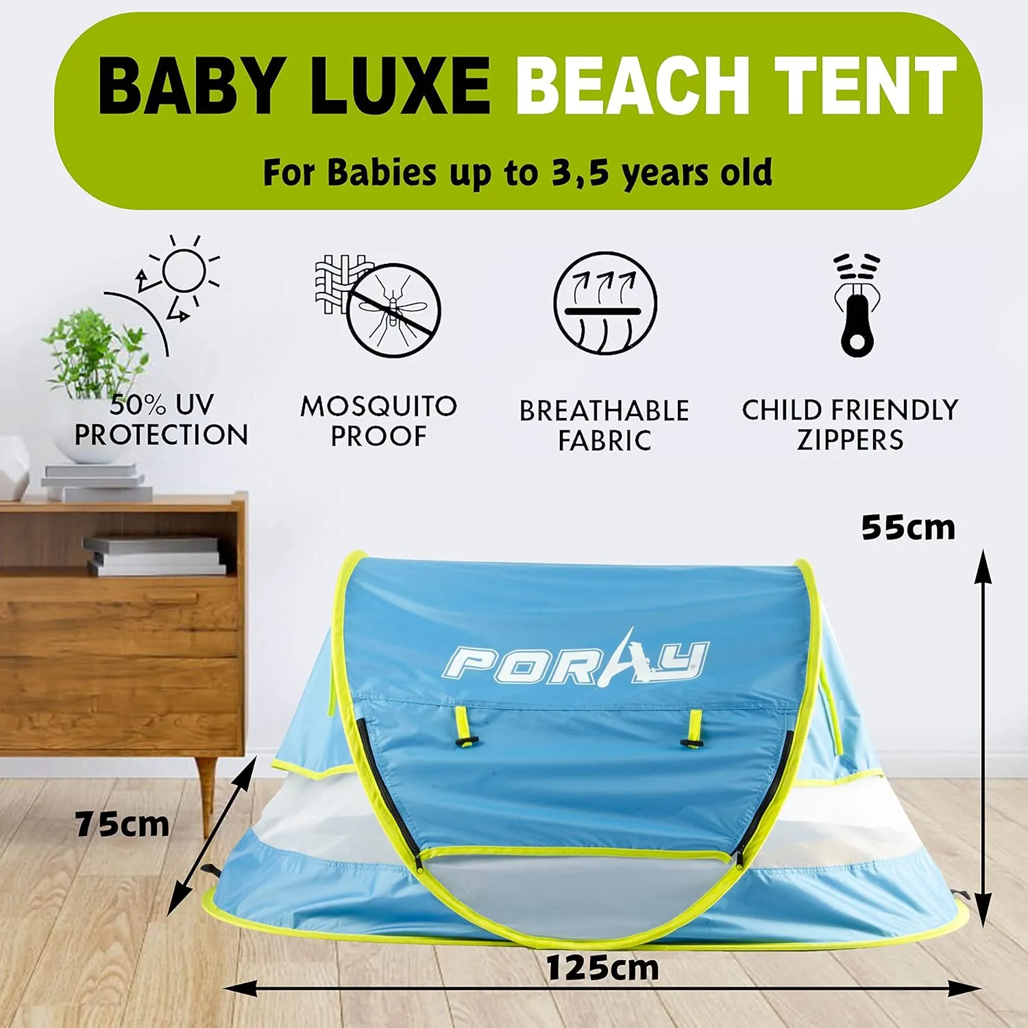 Poray Portable Baby Beach Tent with UPF 50  Sun Shelter,Mosquito Net and Sunshade, Ideal Pop Up Kids Travel Tent with Carry Bag & 2 Stakes,Outdoor Indoor Play and Sun Protection