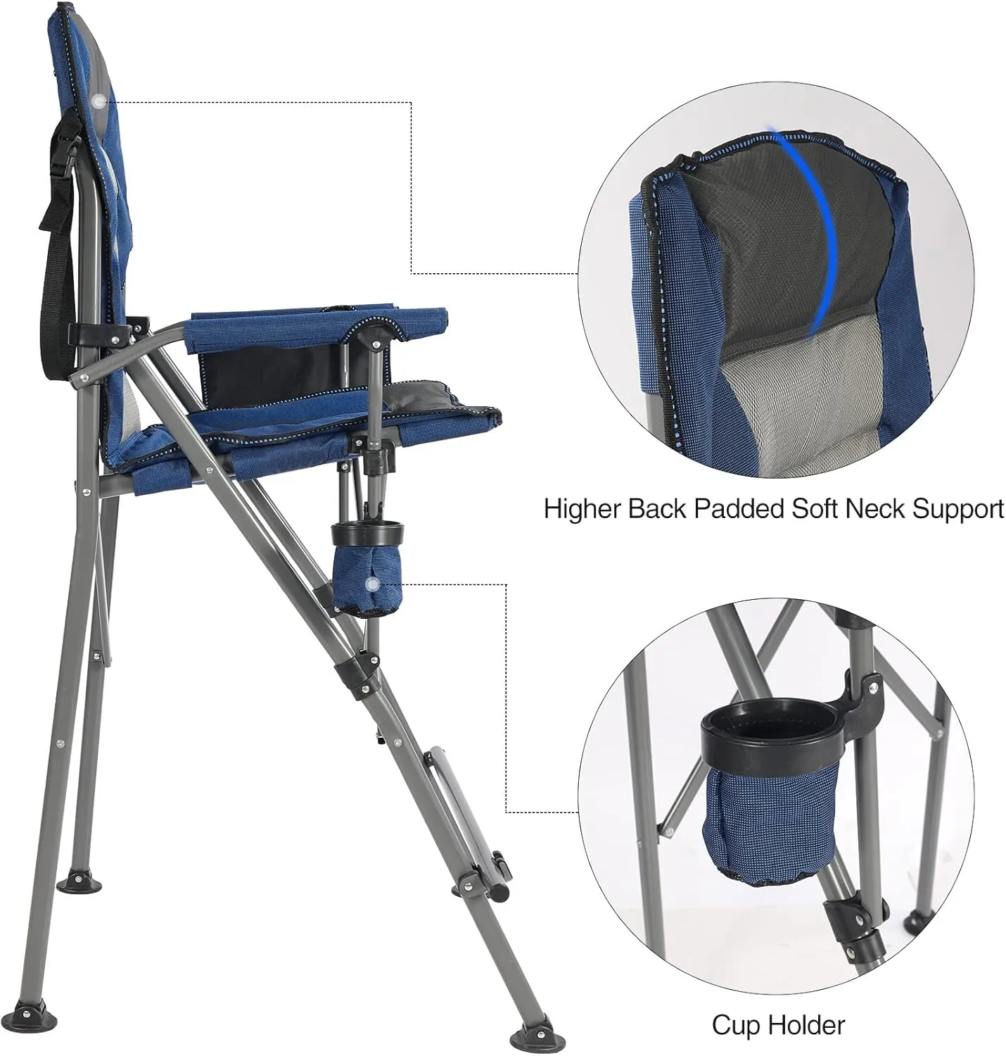 Portable Bar Height Foldable Director Chairs for Adults 330lbs, Extra Tall Folding Chairs for Camping Outside, Comfortable with High Back and Footrest, Blue,2Pack