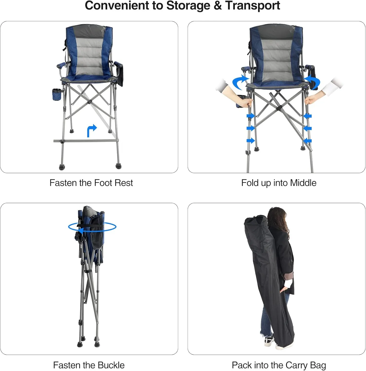 Portable Bar Height Foldable Director Chairs for Adults 330lbs, Extra Tall Folding Chairs for Camping Outside, Comfortable with High Back and Footrest, Blue,2Pack