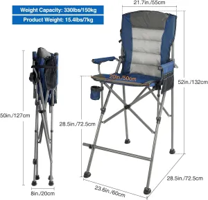 Portable Bar Height Foldable Director Chairs for Adults 330lbs, Extra Tall Folding Chairs for Camping Outside, Comfortable with High Back and Footrest, Blue,2Pack