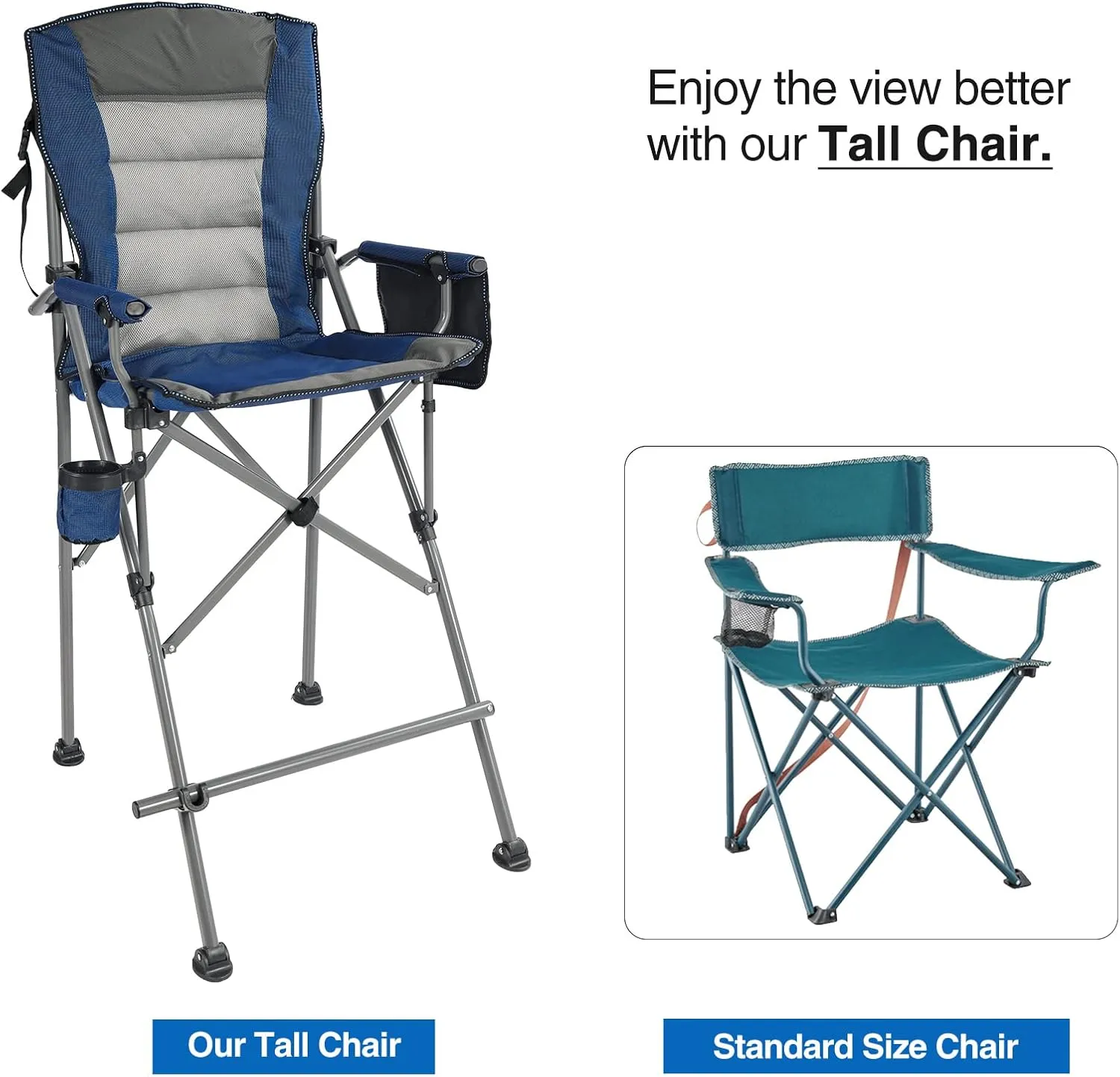 Portable Bar Height Foldable Director Chairs for Adults 330lbs, Extra Tall Folding Chairs for Camping Outside, Comfortable with High Back and Footrest, Blue,2Pack