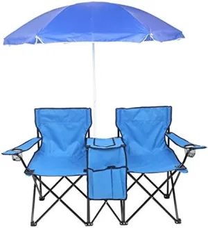 Portable Beach Chair with Cooler Bag,Portable Outdoor 2-Seat Folding Chair with Removable Sun Umbrella Blue,Foldable Double Lawn Chair for Travel, Fishing, Picnic