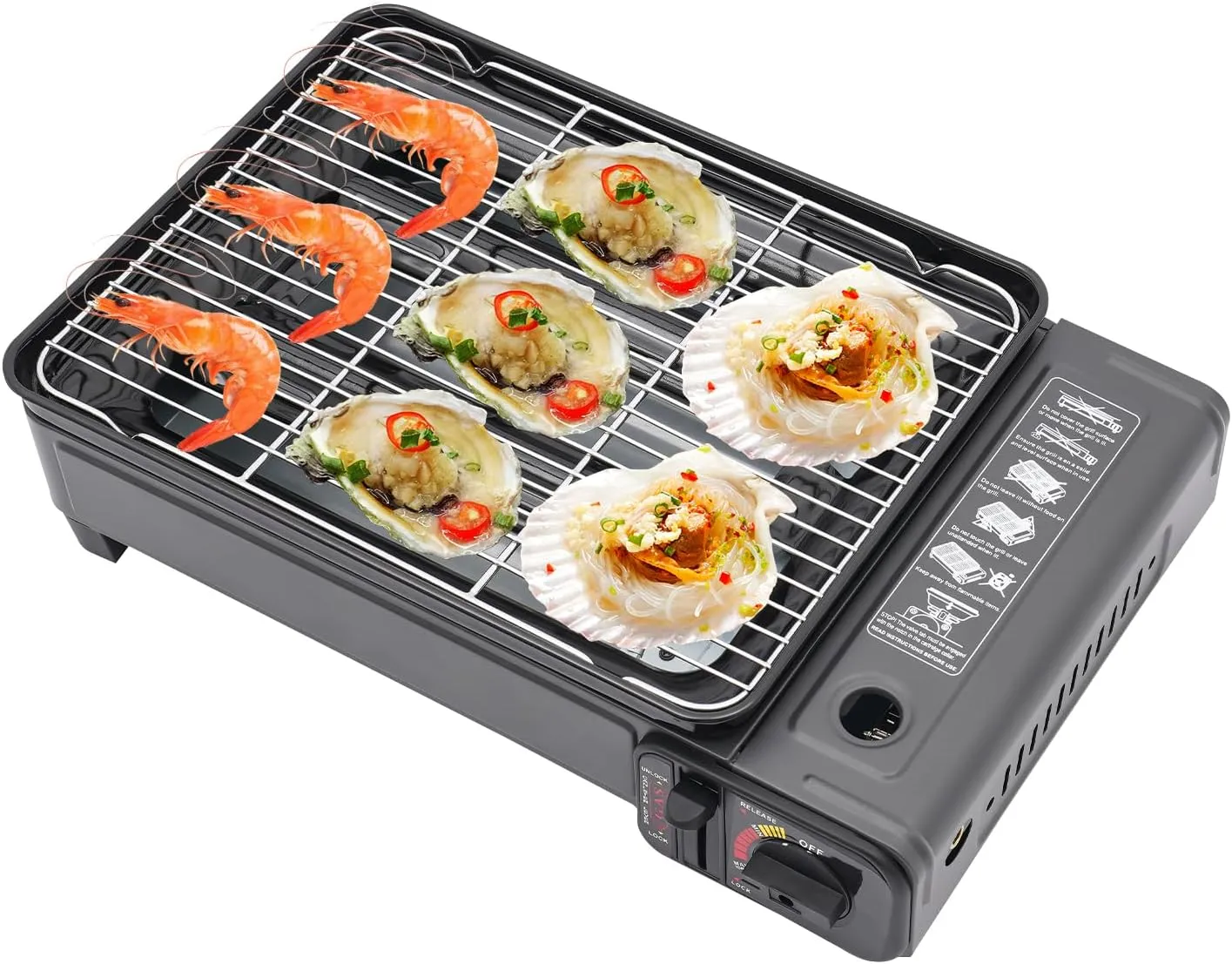 Portable Butane Camping Grill Stove with Carry Case & Grilling Net - Compact Gas Stove for BBQ, Road Trips, RV & Outdoor Cooking, Precise Heat Control (Camping Essentials)