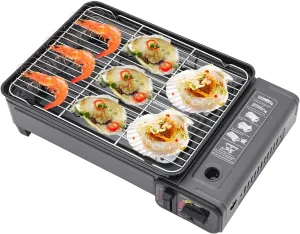 Portable Butane Camping Grill Stove with Carry Case & Grilling Net - Compact Gas Stove for BBQ, Road Trips, RV & Outdoor Cooking, Precise Heat Control (Camping Essentials)