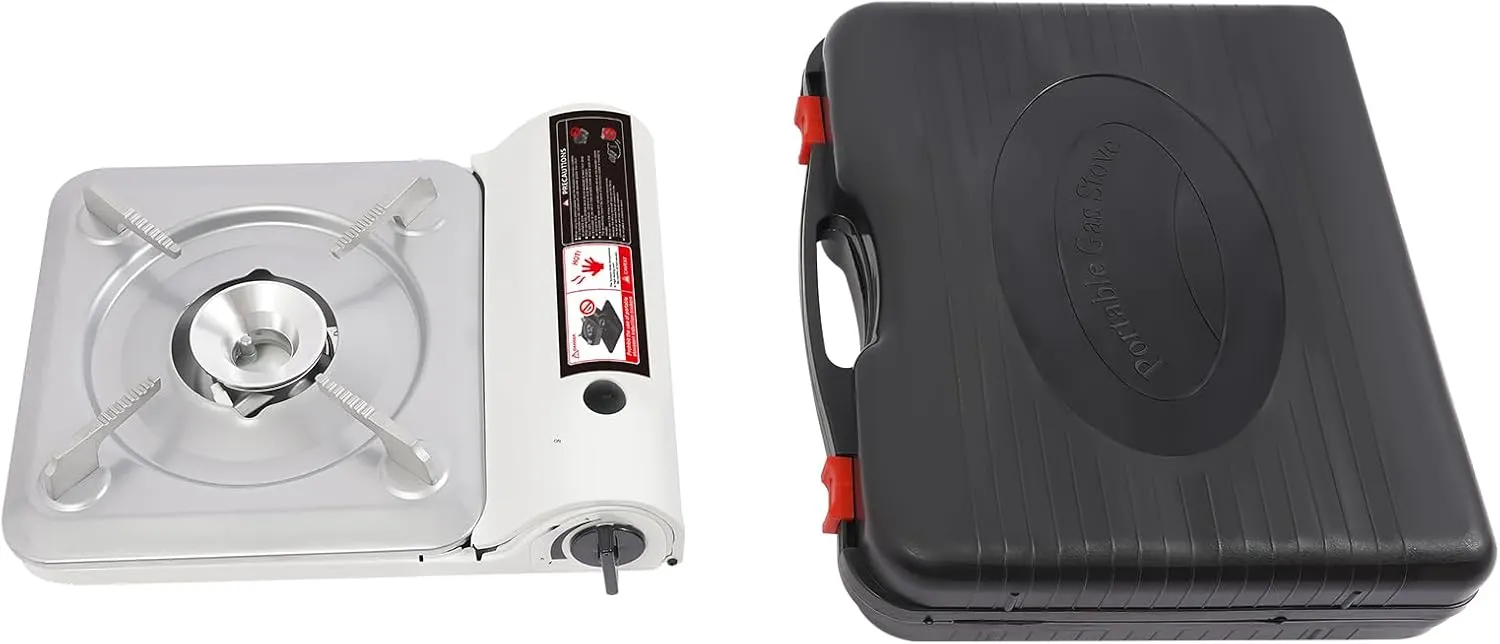 Portable Camping Stove, 3500W Gas Stove with Grill Plate and Portable Case, BBQ Grill Butane Camping Stove Camping Stove Ideal for Outdoor Cooking Camping Road Trip Gathering (White)