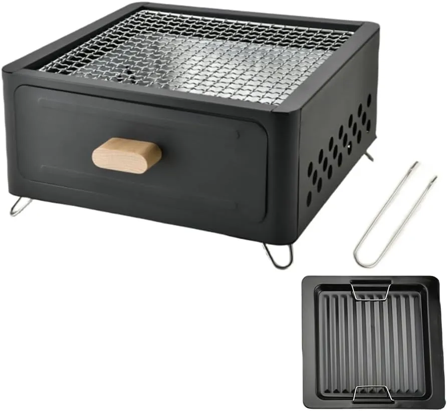 Portable Charcoal Grill - Small Desk Tabletop Stainless Steel Barbecue Grill for Camping Outdoor Picnics Beach (Black)