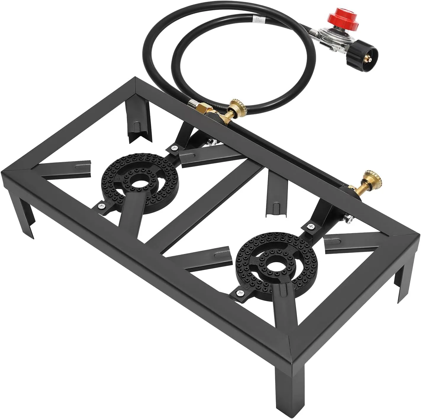 Portable Double Burner Outdoor Gas Stove Cast Iron Propane Cooker with Adjustable 0-10Psi Regulator Hose for Patio Camping, BBQ, Home Brewing,Tailgating, Hiking, Maple Syrup Prep