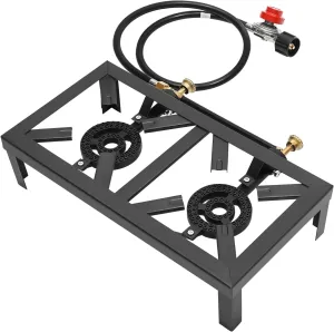 Portable Double Burner Outdoor Gas Stove Cast Iron Propane Cooker with Adjustable 0-10Psi Regulator Hose for Patio Camping, BBQ, Home Brewing,Tailgating, Hiking, Maple Syrup Prep