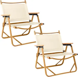 Portable Folding Camping Chair, Set of 2 Camping Essentials, Ultralight Low Beach Chair for Hiking, Lawn, Concert, Fishing, Picnic, Hunting(Khaki)