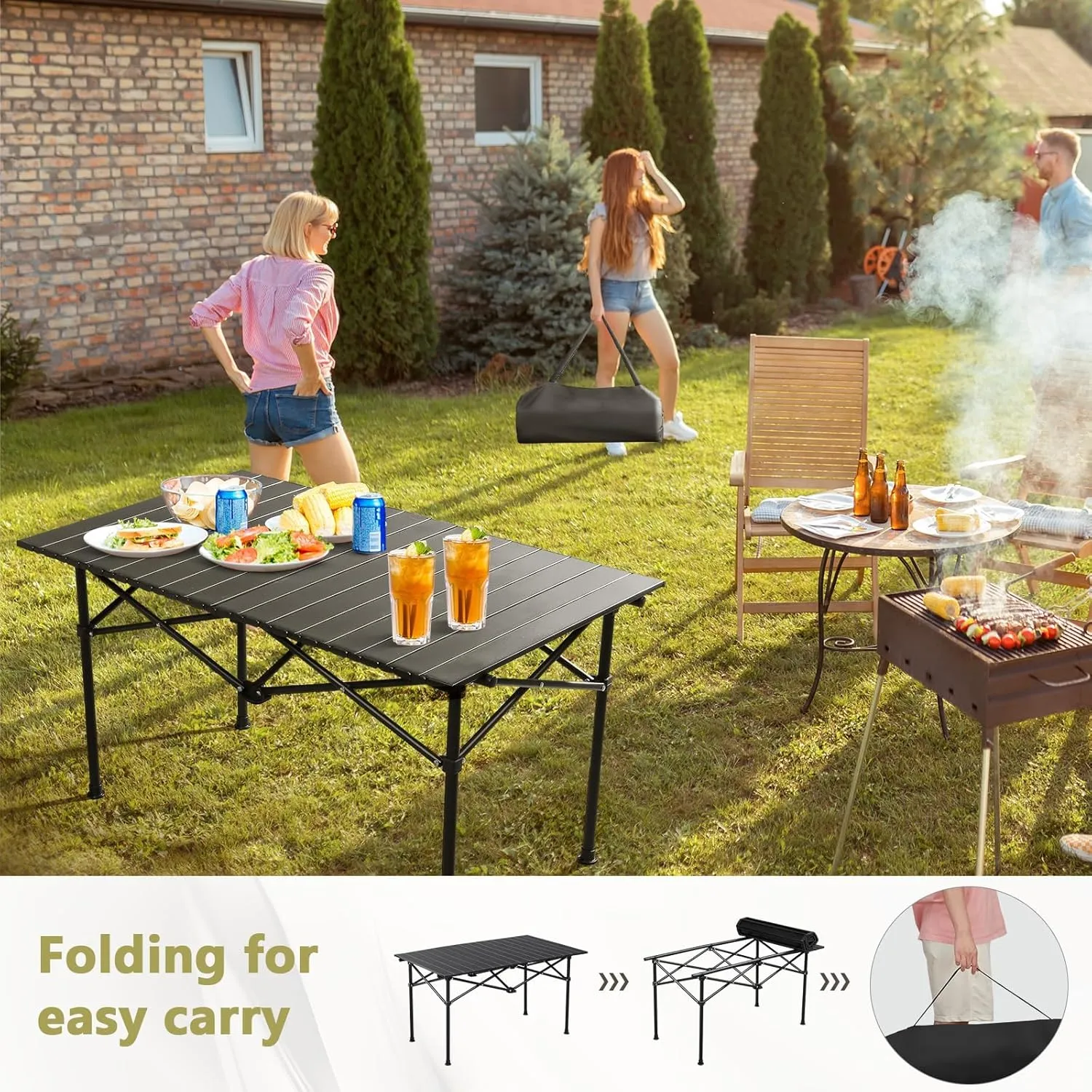 Portable Folding Camping Table, Roll-Up Aluminum Table with Carry Bag, Compact and Lightweight Design for Beach, Travel, and Outdoor Cooking Wood Color 95×55×50cm/37×21×19.7in