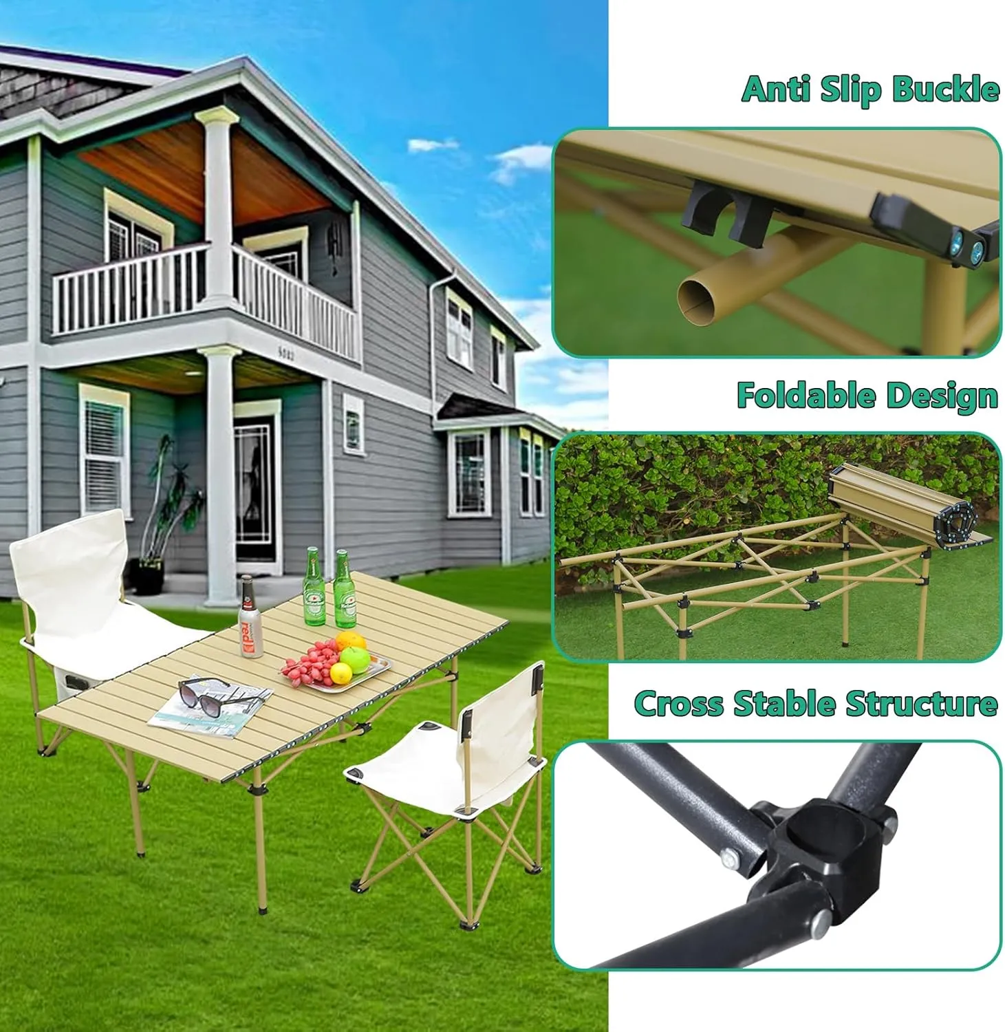 Portable Folding Camping Table, Roll-Up Aluminum Table with Carry Bag, Compact and Lightweight Design for Beach, Travel, and Outdoor Cooking Wood Color 95×55×50cm/37×21×19.7in