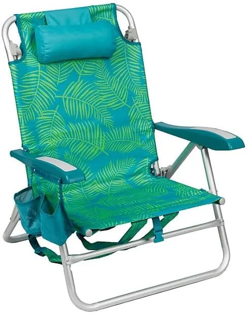 Portable Reclining Beach Chair with Storage, Tropical Palm Print, Aluminum Frame, Backpack Straps (Green)