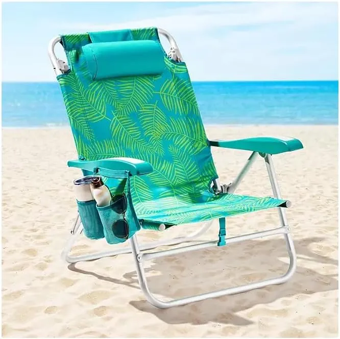 Portable Reclining Beach Chair with Storage, Tropical Palm Print, Aluminum Frame, Backpack Straps (Green)