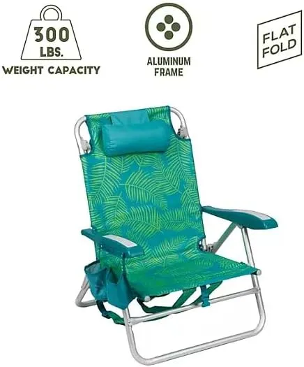 Portable Reclining Beach Chair with Storage, Tropical Palm Print, Aluminum Frame, Backpack Straps (Green)