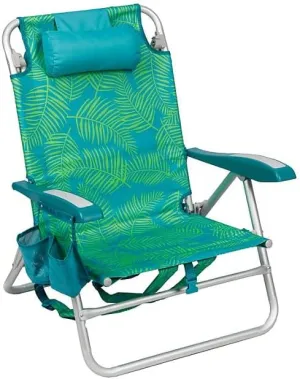 Portable Reclining Beach Chair with Storage, Tropical Palm Print, Aluminum Frame, Backpack Straps (Green)