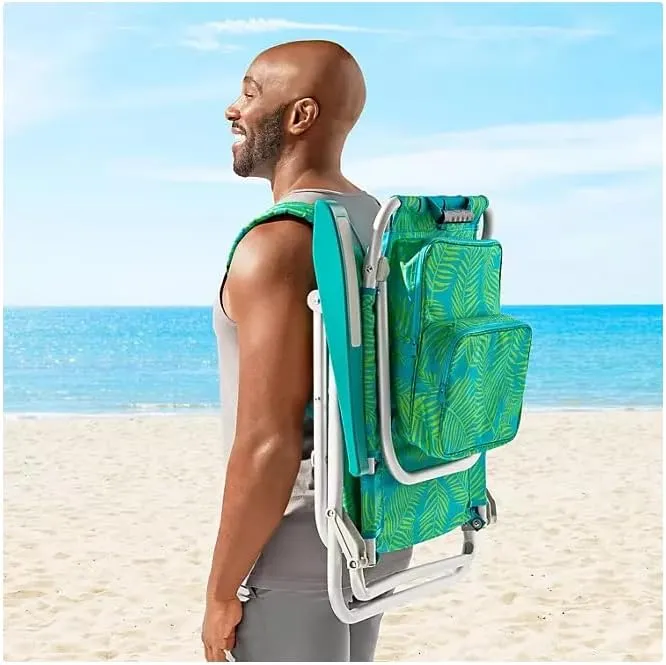 Portable Reclining Beach Chair with Storage, Tropical Palm Print, Aluminum Frame, Backpack Straps (Green)